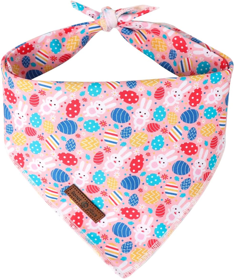 Lionet Paws Easter Dog Bandana for Medium Large Dogs,Colorful Egg Kerchief Washable Dog Triangle Bibs Rabbit Pink Scarf for Girl or Boy Gift