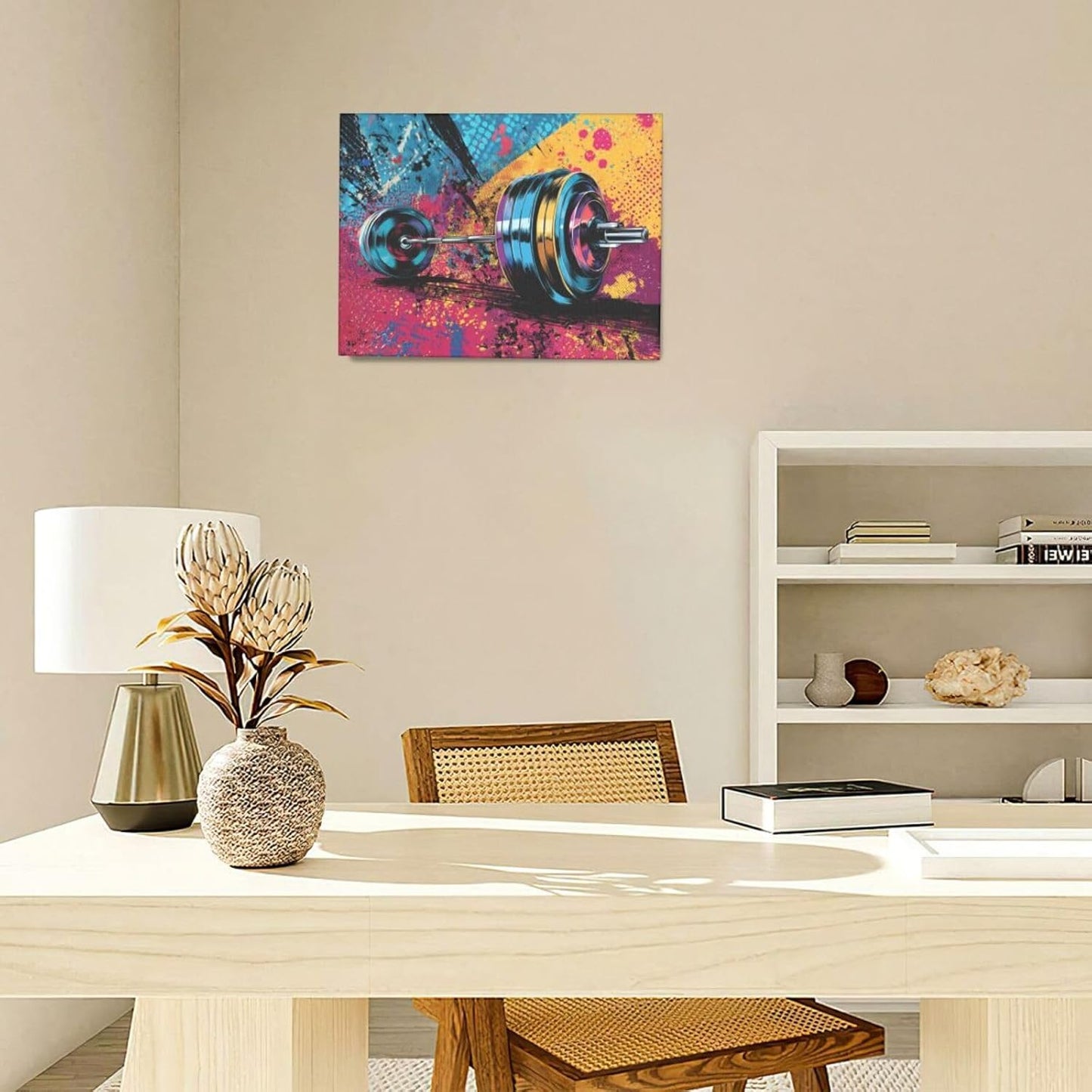 Gym Wall Art Weightlifting Fitness Canvas Wall Decor Barbell Sports Training Pictures Painting Banksy Street Graffiti Print Artwork Framed Decorations Gifts for Sports Lovers Gym Living Room Bedroom 12"x16"