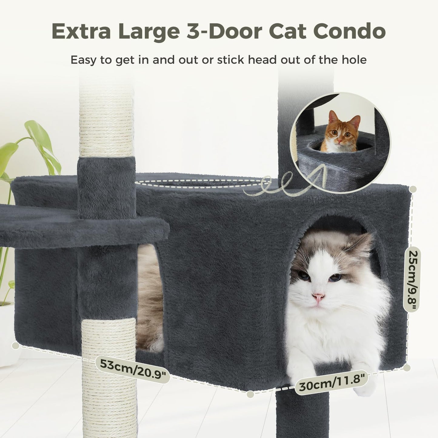 PAWZ Road Large Cat Tree, 72 Inches Cat Tower for Large Cats, Cat Condo with Sisal-Covered Scratching Posts and Pads, 2 Padded Perch, Dual Condo and Basket for Indoor Cats-Dark Gray