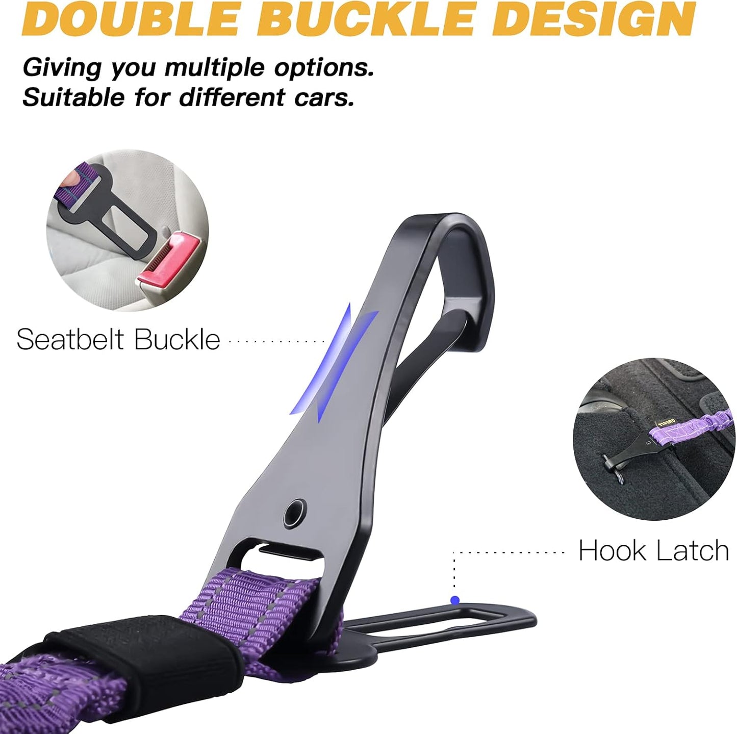 AUBELL Dog Seat Belt for Car,2 Pack Set 3-in-1 Adjustable Reflective Bungee Heavy Duty Dog Car Harness Tether with Clip Hook Latch & Buckle,Swivel Zinc Alloy Carabiner,Black+Purple