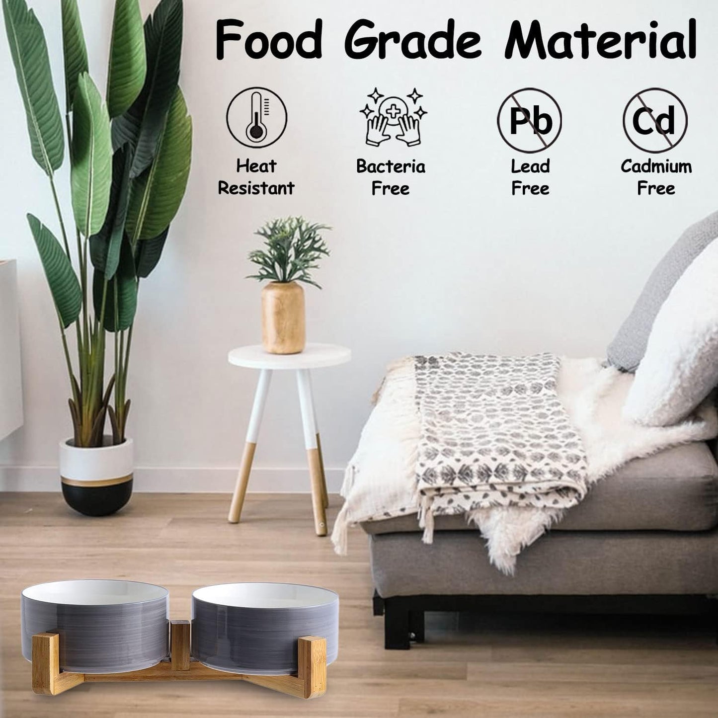 Petygooing Ceramic Cat Dog Bowl Set with Wood Stand, 13.5OZ/5.1 in, Grey White