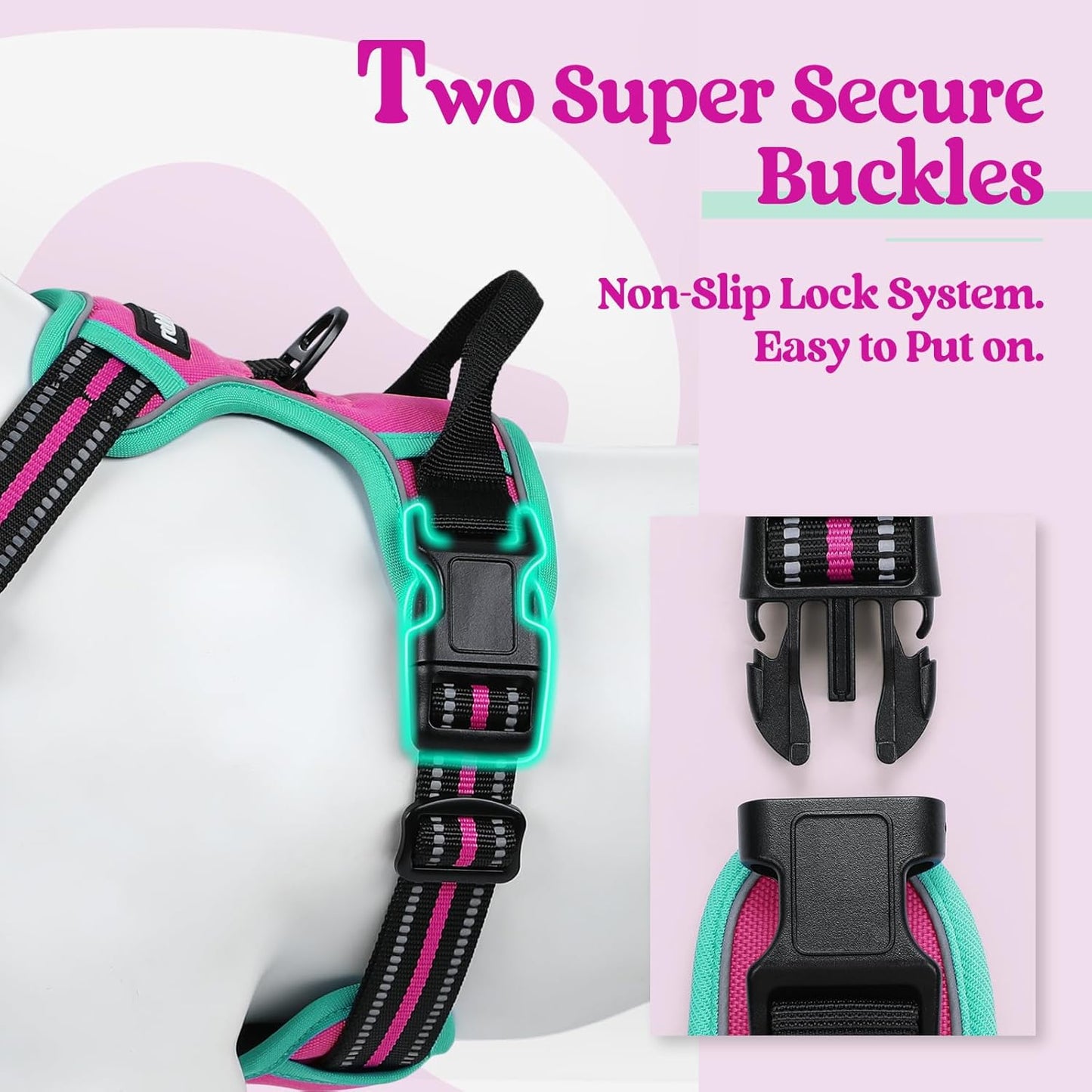 rabbitgoo Dog Harness No Pull with 2 Leash Clips, Adjustable Soft Padded, Reflective Oxford No Choke Pet Vest with Easy Control Handle for Large Dogs, Hot Pink & Turquoise, M