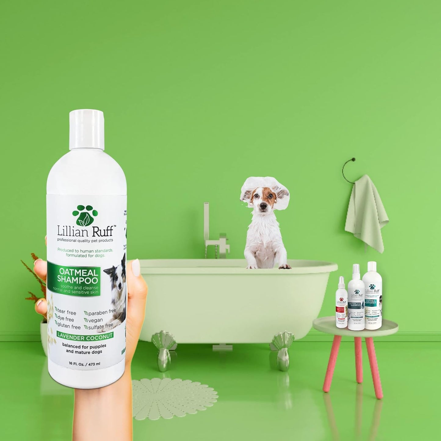Lillian Ruff Calming Oatmeal Pet Shampoo for Dry Skin & Itch Relief with Aloe & Hydrating Essential Oils - Replenish Moisture & Deodorize - Gentle Dog Shampoo for Normal/Sensitive Skin (16oz & Brush)