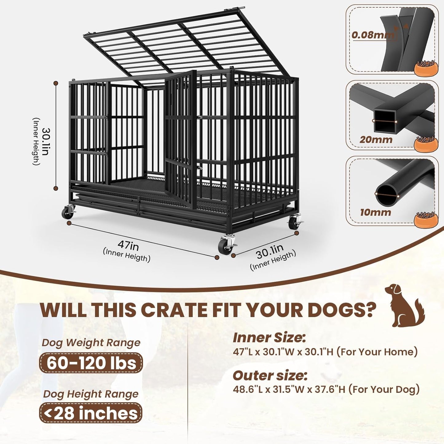 LEVELEVE 48 Inch Heavy Duty Indestructible Dog Crates for Large Dogs，Escape Proof Dog Cage Large Dogs with Lockable Wheels，Dog Kennel Furniture Indoor&Outside