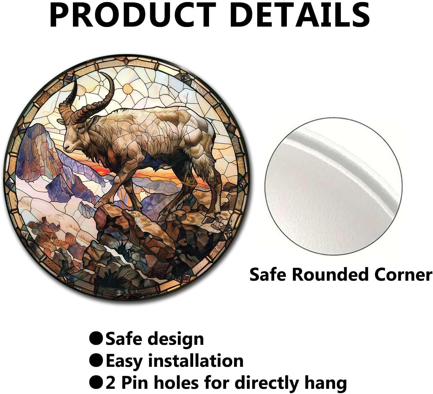 Lygond Metal Sign Tin Sign Circular Stained Glass Mountain Goat Vintage Sign For Club 8×8 Inches