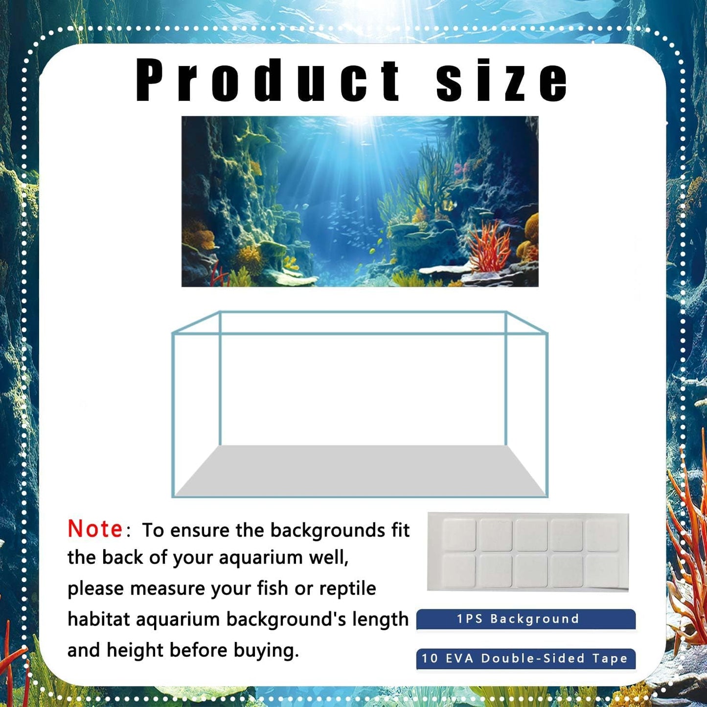 60X24IN Blue Sea Floor Aquarium Background, Natural Underwater World 3D Effect Fish Tank Decorations Background, Art Terrarium Background with 8 EVA Double-Sided Tape