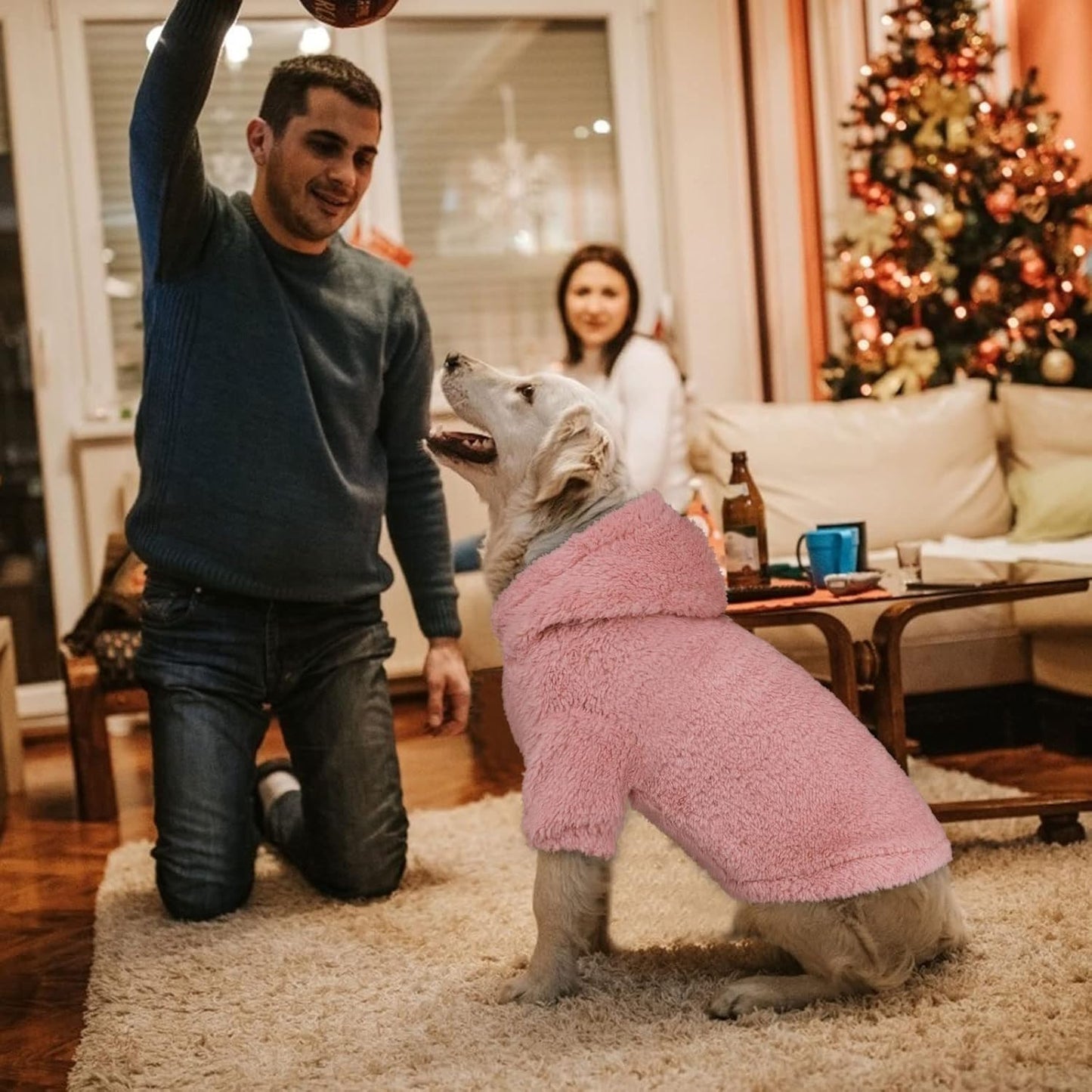 Fuzzy Dog Sweaters for Large Dogs Pet Hoodie Clothes Warm Soft Pet Coats Hooded Sweatshirt Dog Sweaters for Extra Large Dogs(Pink-XL)