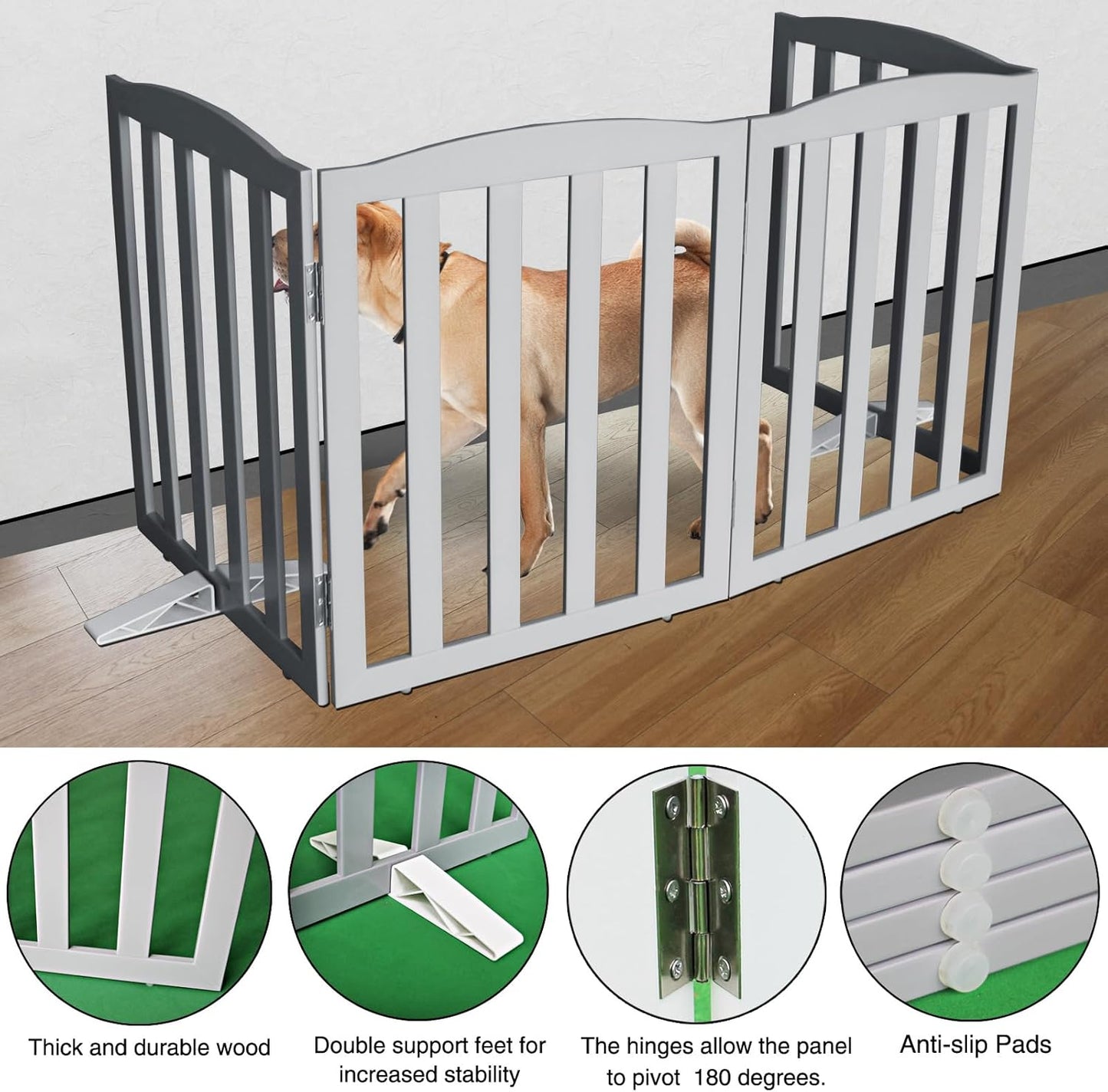 ZJSF Foldable Freestanding Indoor Dog Gate for House Wood Long Pet Gates Dog Fence for Stairs Puppy Gates for Hallways, Puppy Gate,Support Feet Included, Grey, 24 "Height-4 Panels