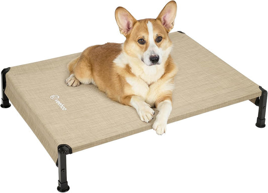 Veehoo Cooling Outdoor Dog Bed, Heavy Duty Elevated Pet Bed with Washable & Breathable Teslin Mesh, Non-Slip Silicon Feet, Dog Cot Bed with Support Hem, 35" x 22", Beige Coffee, CWC2433