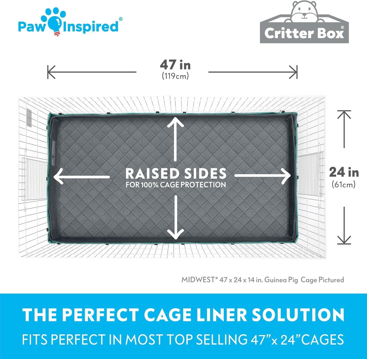 Paw Inspired Critter Box Washable Cage Liner, Reversible Fleece Bedding with Raised Sides for Guinea Pigs and Other Small Animals (Midwest, Gray/Blue)