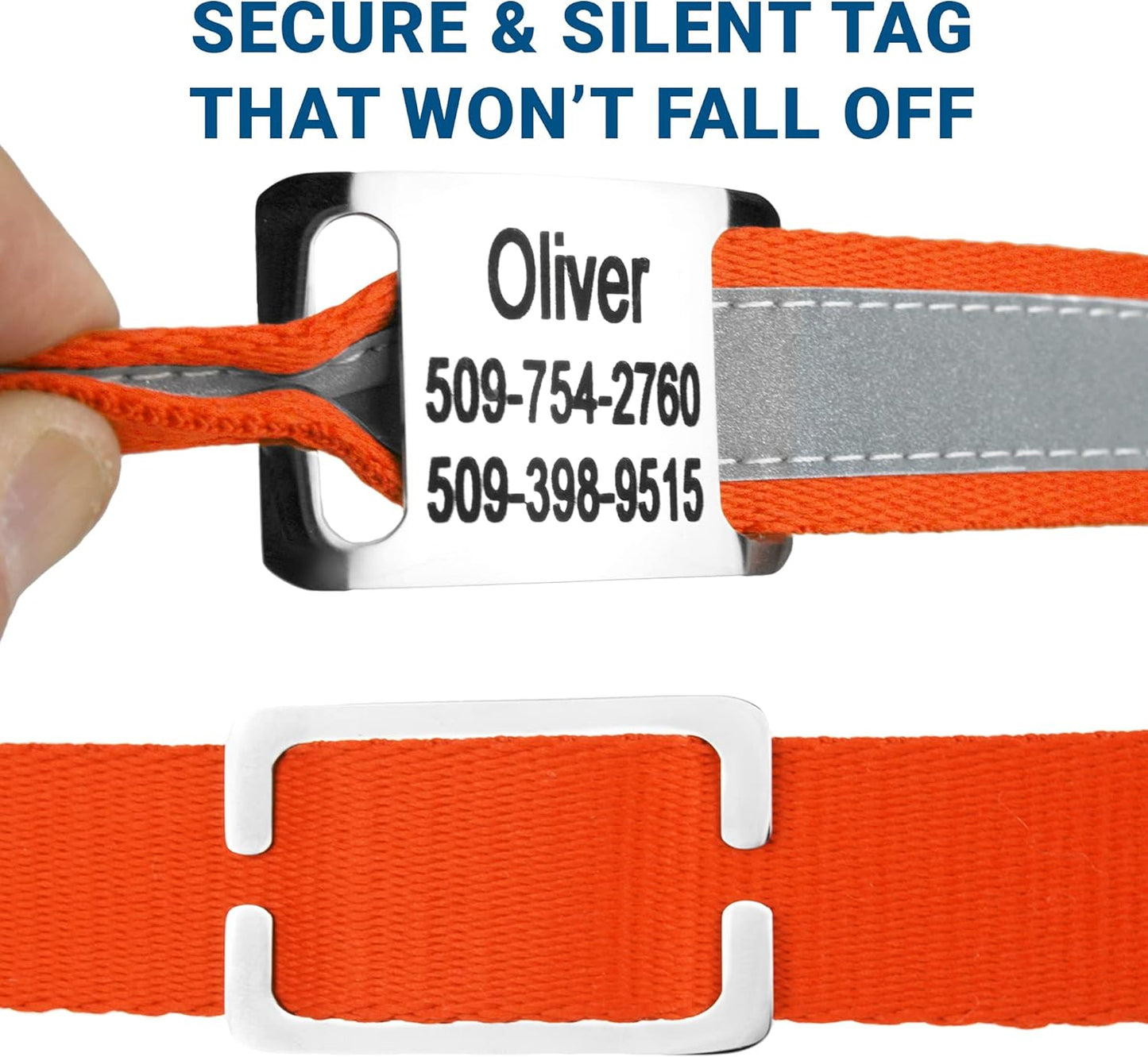 GoTags Reflective Personalized Dog Collar with Nameplate, Adjustable Dog Collar with Custom Engraved Steel Slide On Pet ID Tag, Silent, No Noise Dog Tag for Large Medium or Small (Orange, Large)