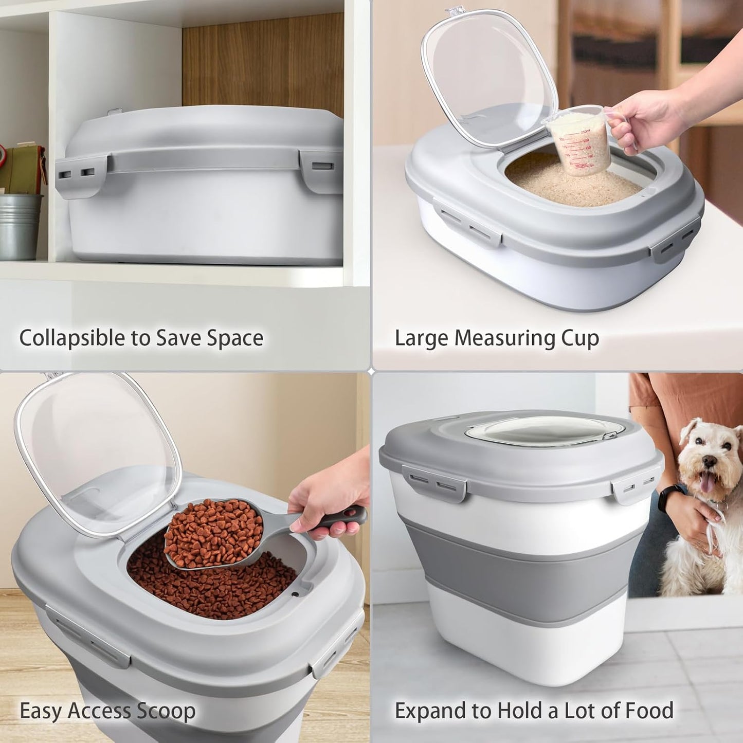 Rice Storage Bin Cereal Containers, 13-50lb Collapsible Rice Container Dispenser with Transparent Lid, Rolling Wheels, Measuring Cup and Scoop, Airtight Dog Cat Pet Food Storage Container White