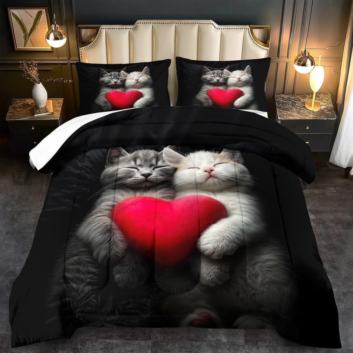 Cute Cat Comforter Set Full,Kawaii Cat Bedding Set for Girls,Cute Animal Comforter Red Love Heart Bedding Decor,Kawaii Farm Animal Quilt Patterns Kids and Adults