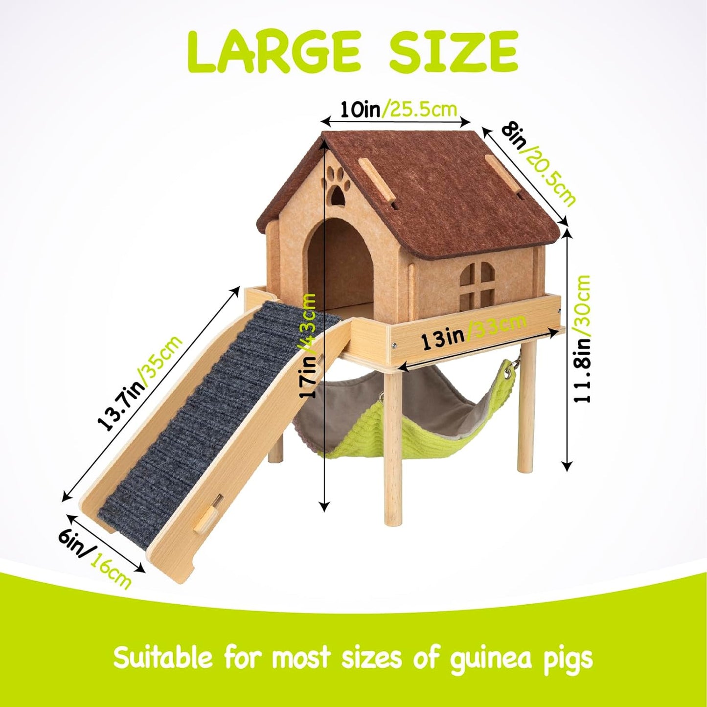 3 in 1 Enlarged Guinea Pig Hammock,Wooden Guinea Pig Hideout with House & Platform & Stairs Small Animal Toys for Hiding Sleeping Activities