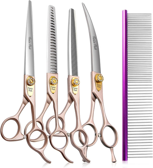 Fenice Peak 7.5‘’ Professional Dog Grooming Scissors Set Rose Gold 440C Stainless Steel Straight Thinning Curved Chunker Shears 4pcs Set for Pet Grooming Services Dogs and Cats