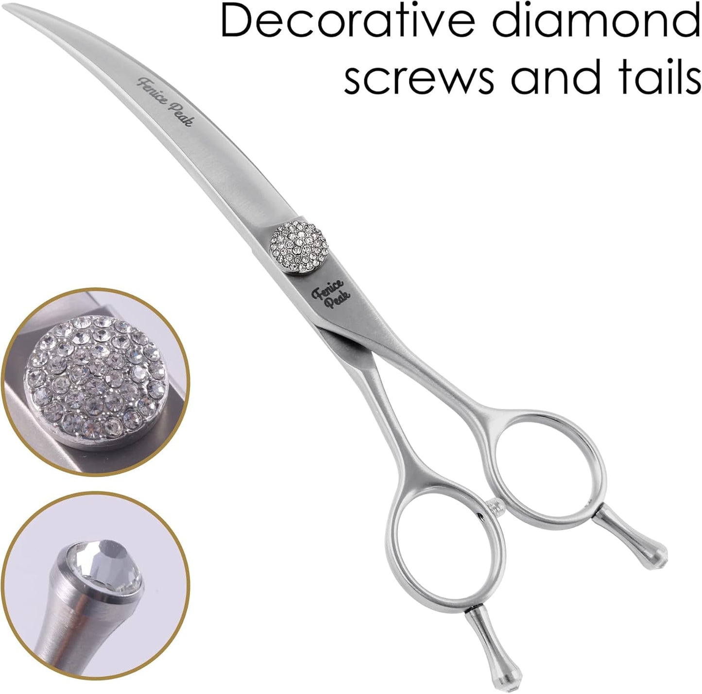 Fenice Peak Curved Dog Grooming Scissors with Jewelled Screw 440C Stainless Steel Pet Grooming Bending Scissors with Symmetrical Handle and Decorative Tail Nails Professional Groomer and Home User