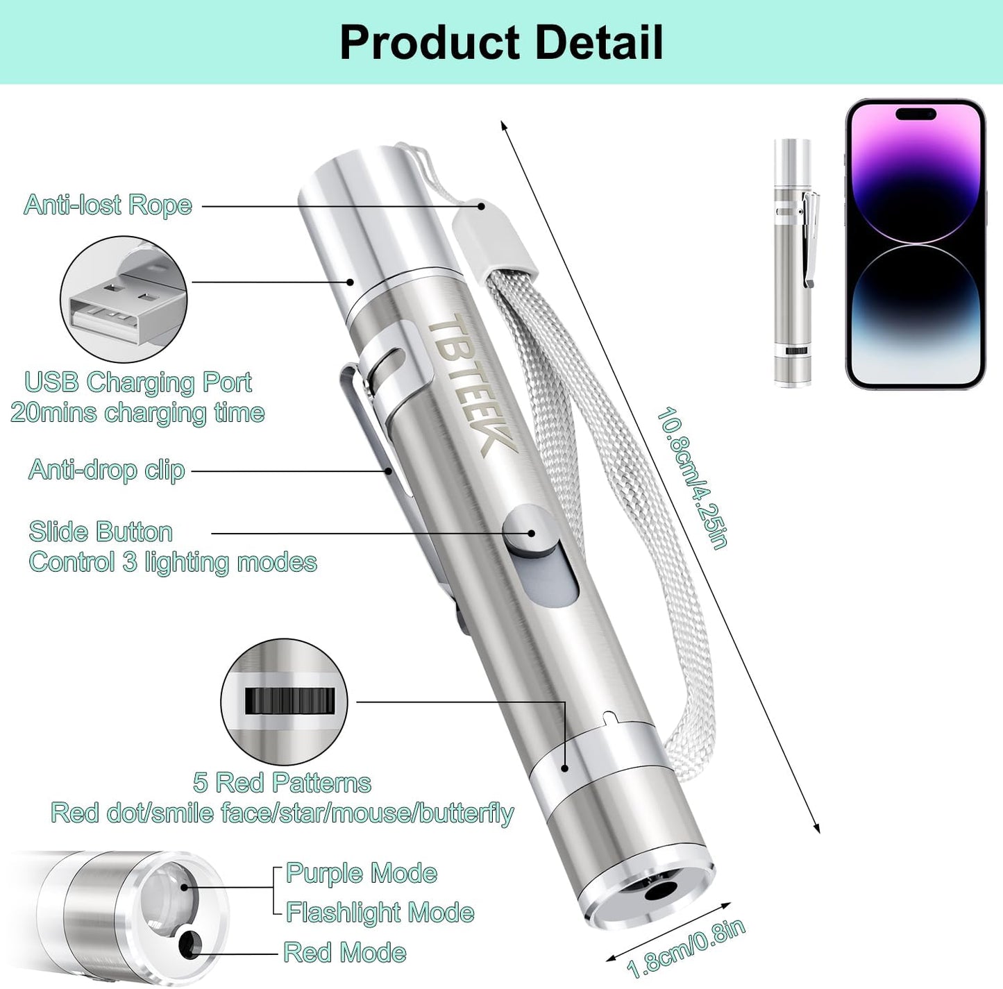 TBTeek Cat Toys, USB Rechargeable Kitten Toy, 3 Light Modes & 5 Adjustable Patterns, Portable Interactive Pet Dog Cat Mouse Toy for Fun Chase Play Exercise