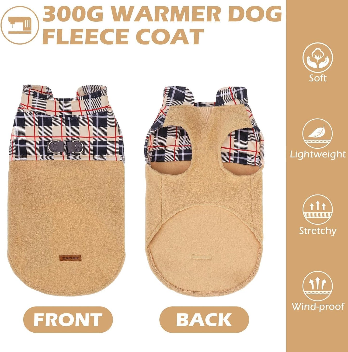 EXPAWLORER Fleece Dog Sweater for Small Medium Dogs - Classic Plaid Jacket, Doggie Winter Coat Vest with 2 D-Rings for Leash, Cold Weather Clothes, Pet Apparel,Sweatershirt for Boy or Girls
