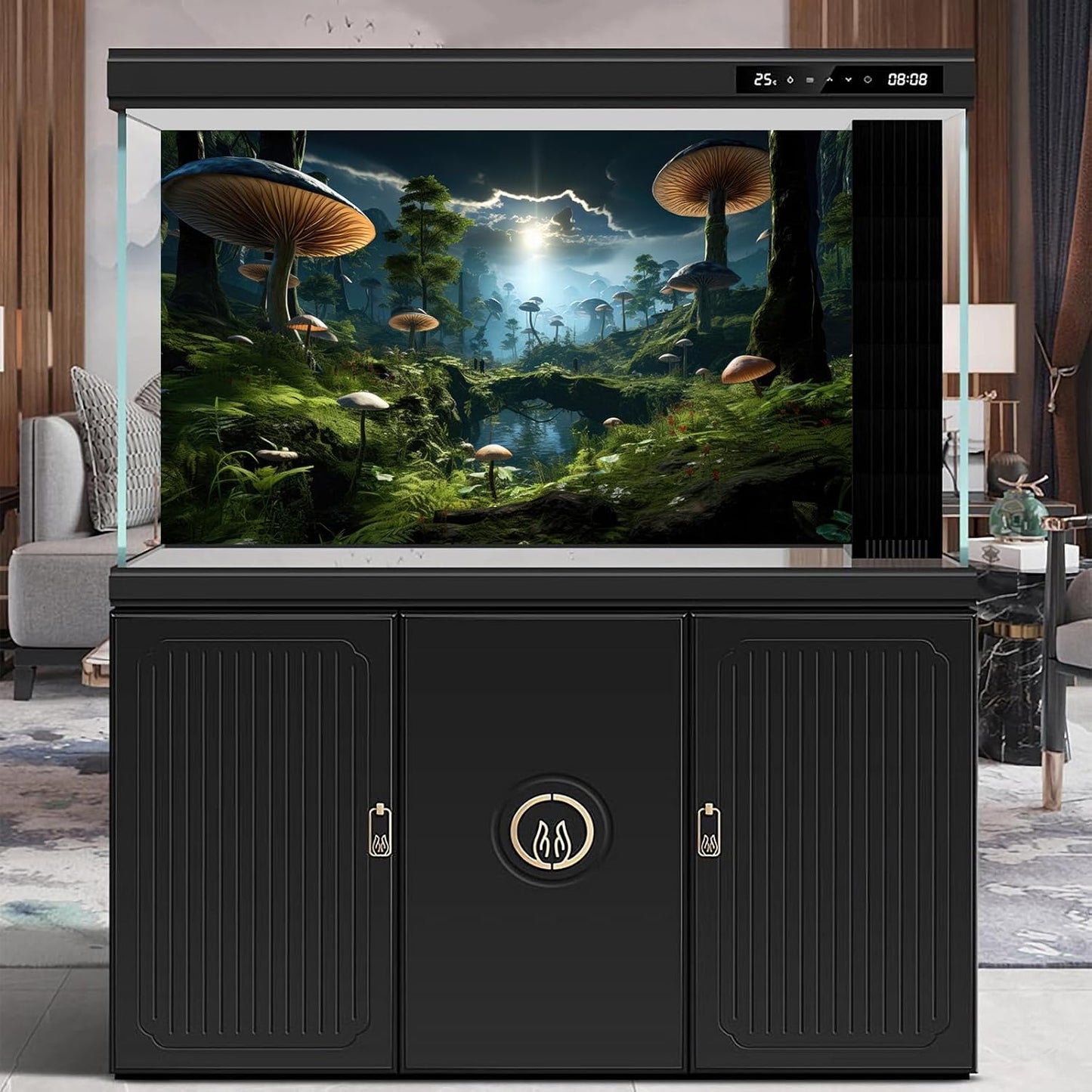 Fantasy Mushrooms Landscape Aquarium Background Tranquil Stream Cloudy Sky Terrarium Background Lush Green Tropical Plants Trees Fish Tank Backdrop Decoration Tank Background Poster 30x12in