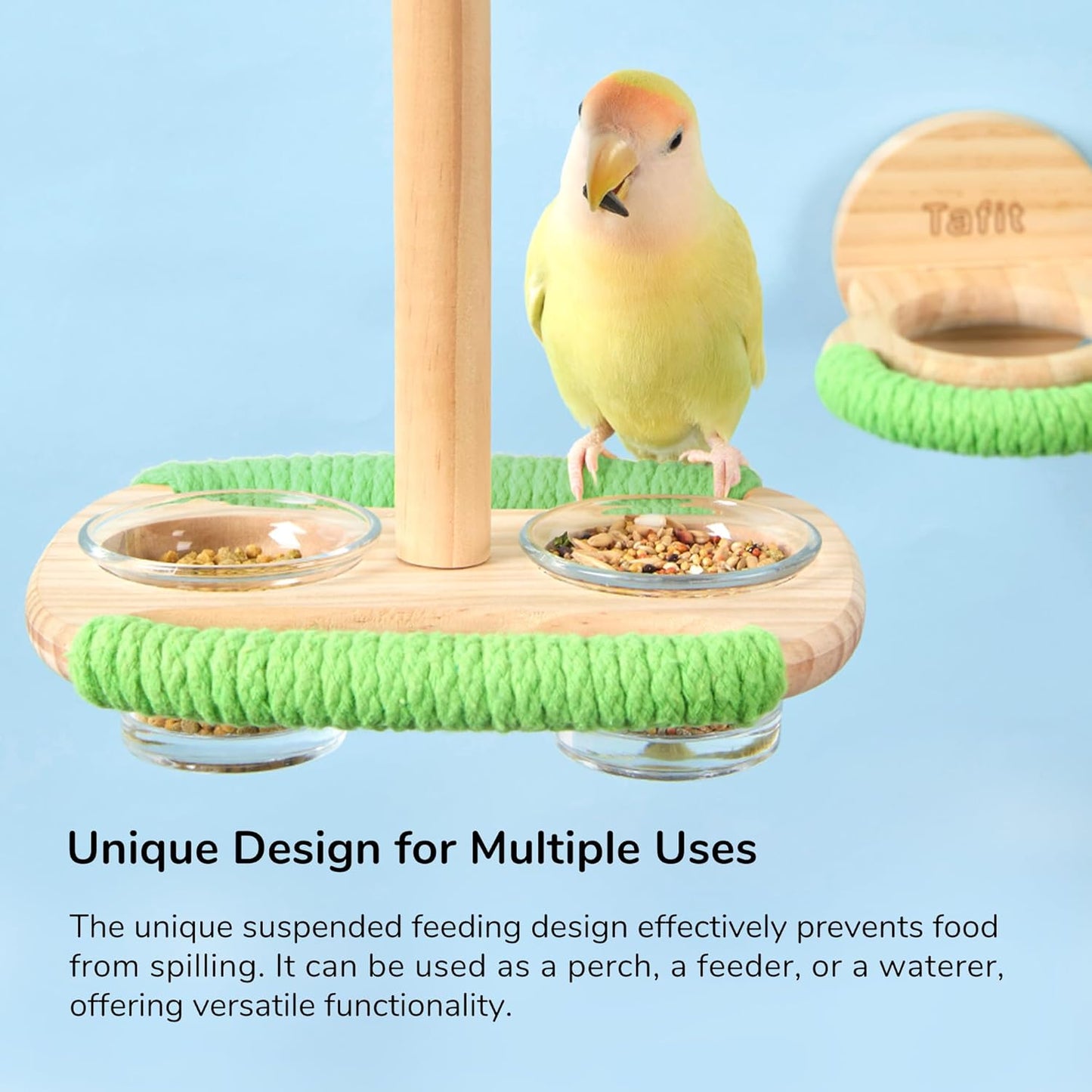 Bird Feeder & Perch – Includes Cotton Rope Perch and 2 Glass Feeding Cups – Cage Accessory for Cockatiels, Budgies, Lovebirds, Conures, Canaries, Finches, and Small Parrots