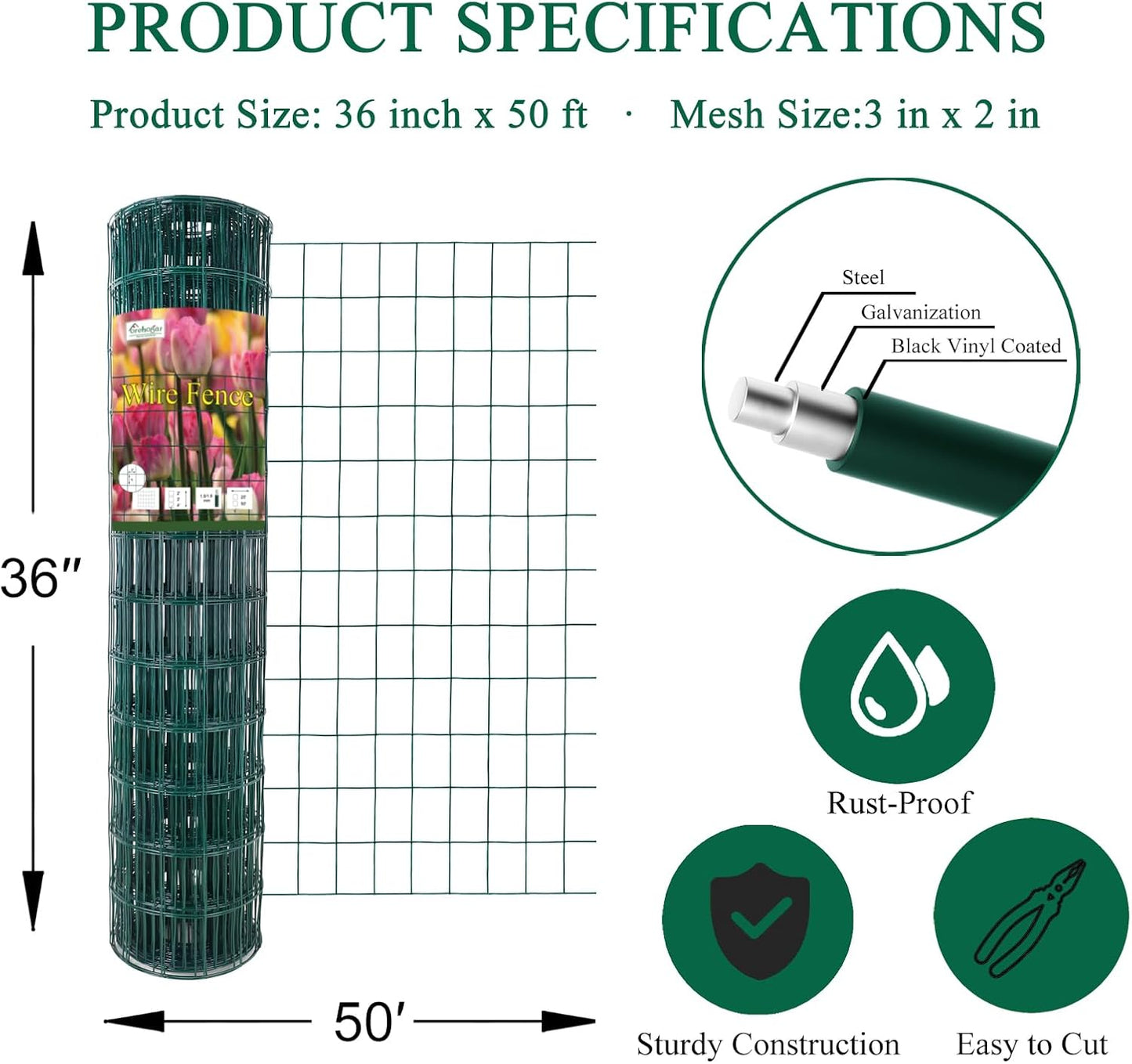 Green PVC Coated Welded Wire Fence 36 Inch x 50 Foot, 2 Inch x 3 Inch 16GA, Garden Border Fencing Roll Vinyl Coating Metal Wire Mesh for Yard Vegetable Plant Protection Poultry Netting