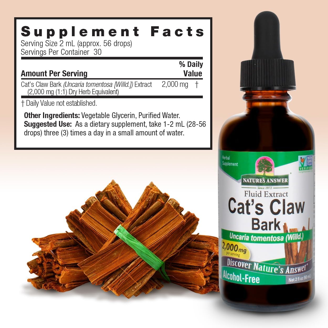 Nature's Answer Cat's Claw Bark Liquid Extract Supplement 2 Ounce - Alcohol Free Cats Claw Tincture & Capsules Alternative for Joint & Muscle Support, Vegan, Non-GMO, Gluten Free, Kosher