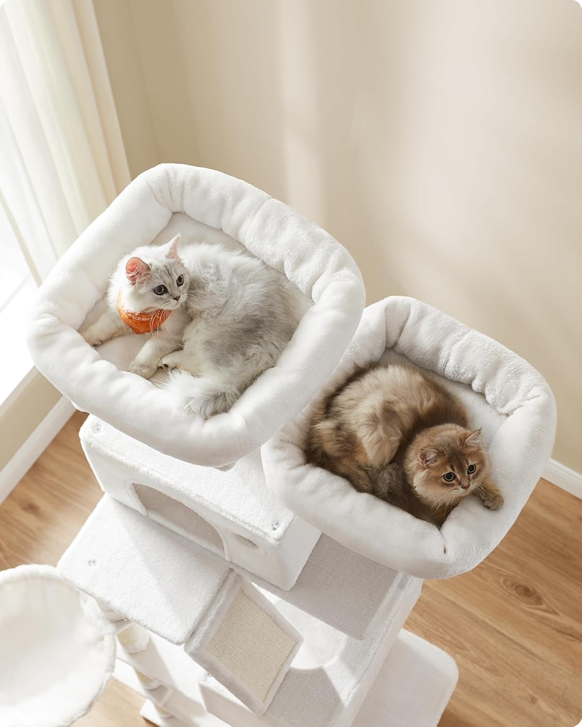 Feandrea Cat Tree, 81.1-Inch Large Cat Tower with 13 Scratching Posts, 2 Perches, 2 Caves, Basket, Hammock, Pompoms, Multi-Level Plush Cat Condo for Indoor Cats, Cream White UPCT190T01