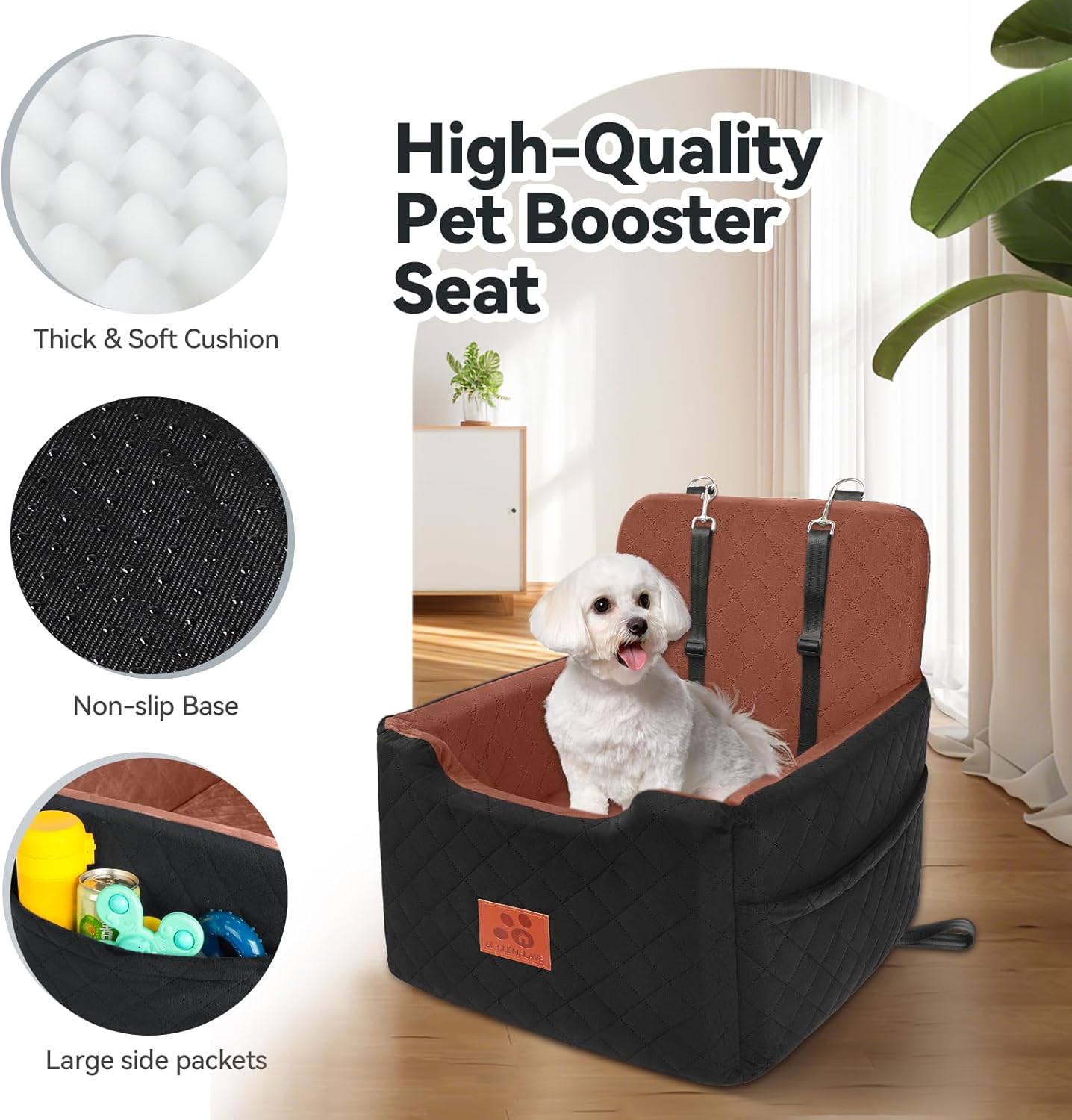 Dog Car Seat for Small/Medium Dogs Under 35lbs,Memory Foam Dog Booster Seats,Detachable and Washable Traval Pet Car Seat, Dogs Bed with 2 Safety Belts(Balck/Brown)