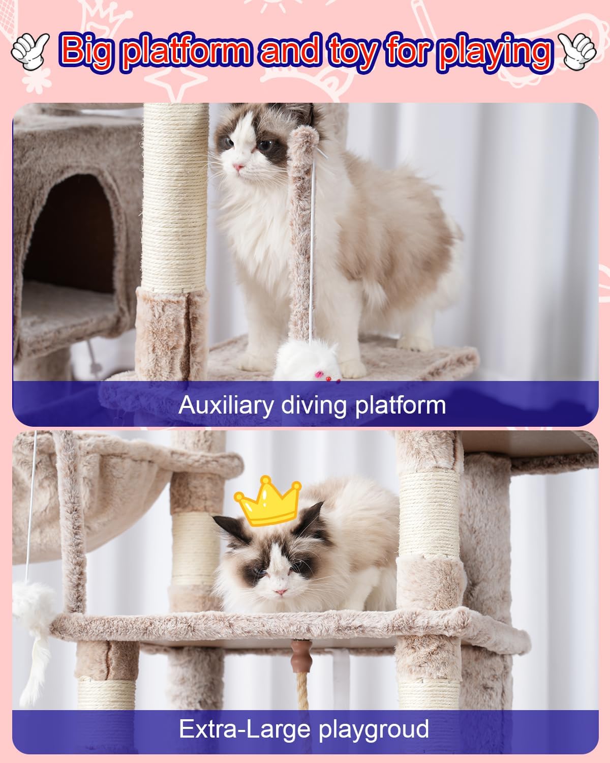 Cat Tree, Cat Tower for Large Cats with 2 Big Platforms, 2 Baskets, condo and Toys, 63" Cat Scratching Posts for Indoor Cats, Muchroom GCT020MU