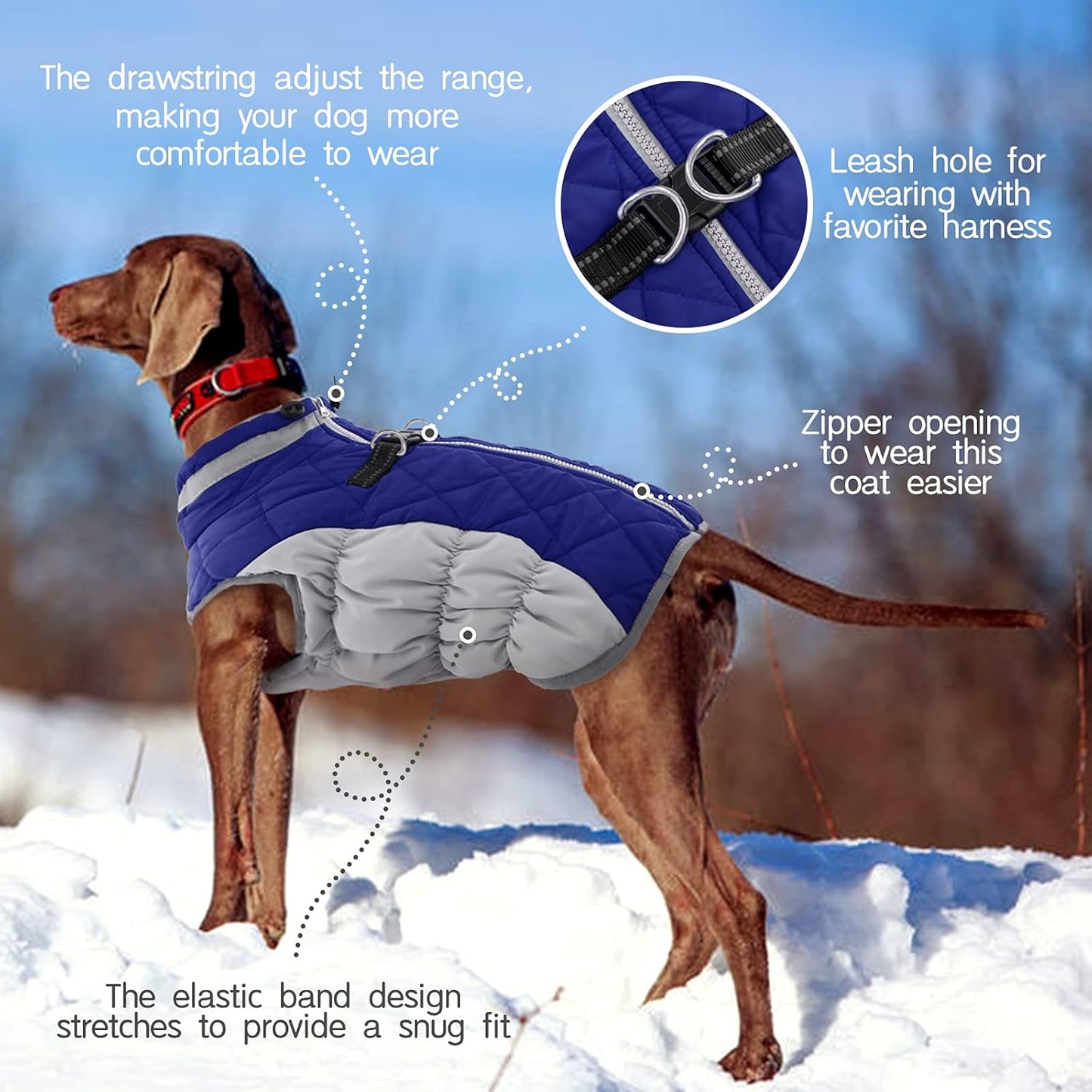 FUAMEY Dog Coat for Large Dogs,Waterproof Dog Winter Jacket with Harness Built in Puppy Cold Weather Coats Reflective Pet Vest with Zipper Warm Fleece Dogs Snowsuit Windproof Blue XL