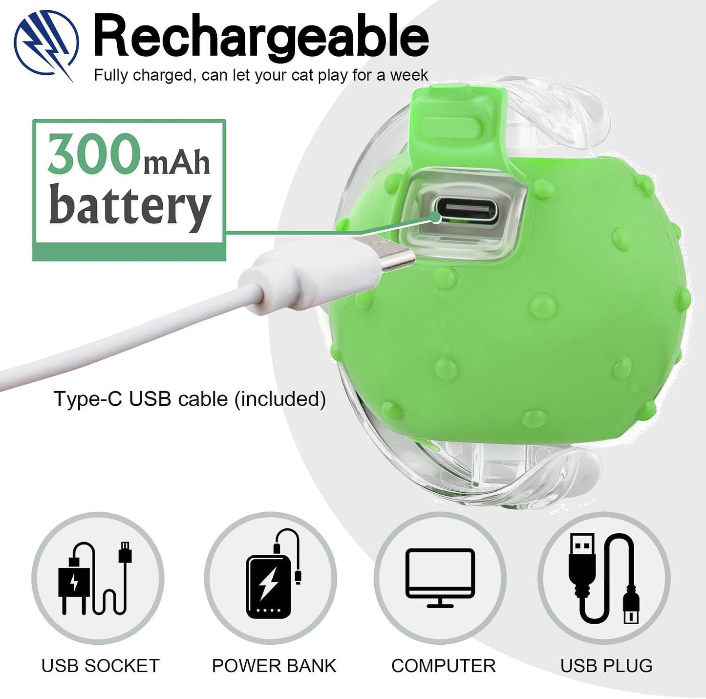 Interactive Cat Toys Ball for Indoor Cats, Automatic Agile Rolling Cat Ball with Elastic Mesh Tail, Bird Chirping & Motion Activated, 2 Tail Accessories, Kitten Toy for Bored (Green)