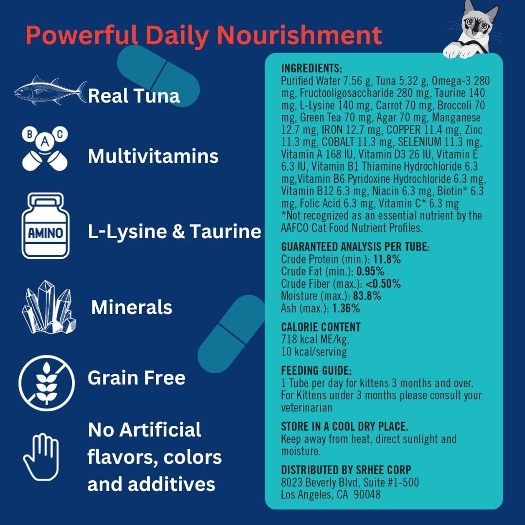 Lickable Cat Treats -Real Tuna Multivitamin Puree with Lysine & Taurine for Indoor Cats | Grain-Free, Squeeze Tube (50 Pack)