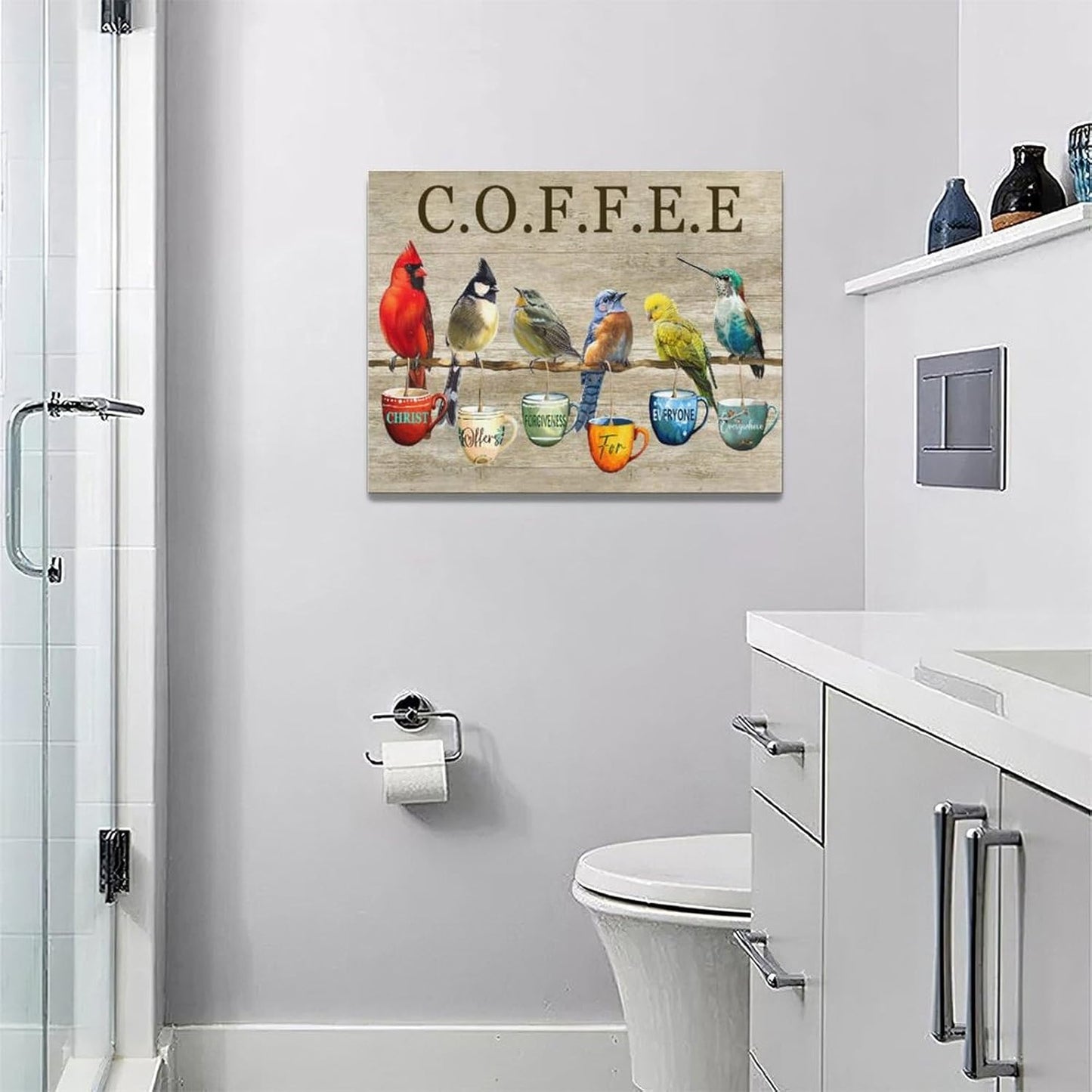 Rustic Bird Coffee Wall Art Kitchen Christ Coffee Pictures Wall Decor Farmhouse Cardinal Hummingbird Canvas Print Painting Artwork for Coffee Bar Living Room Bedroom 12"x16"