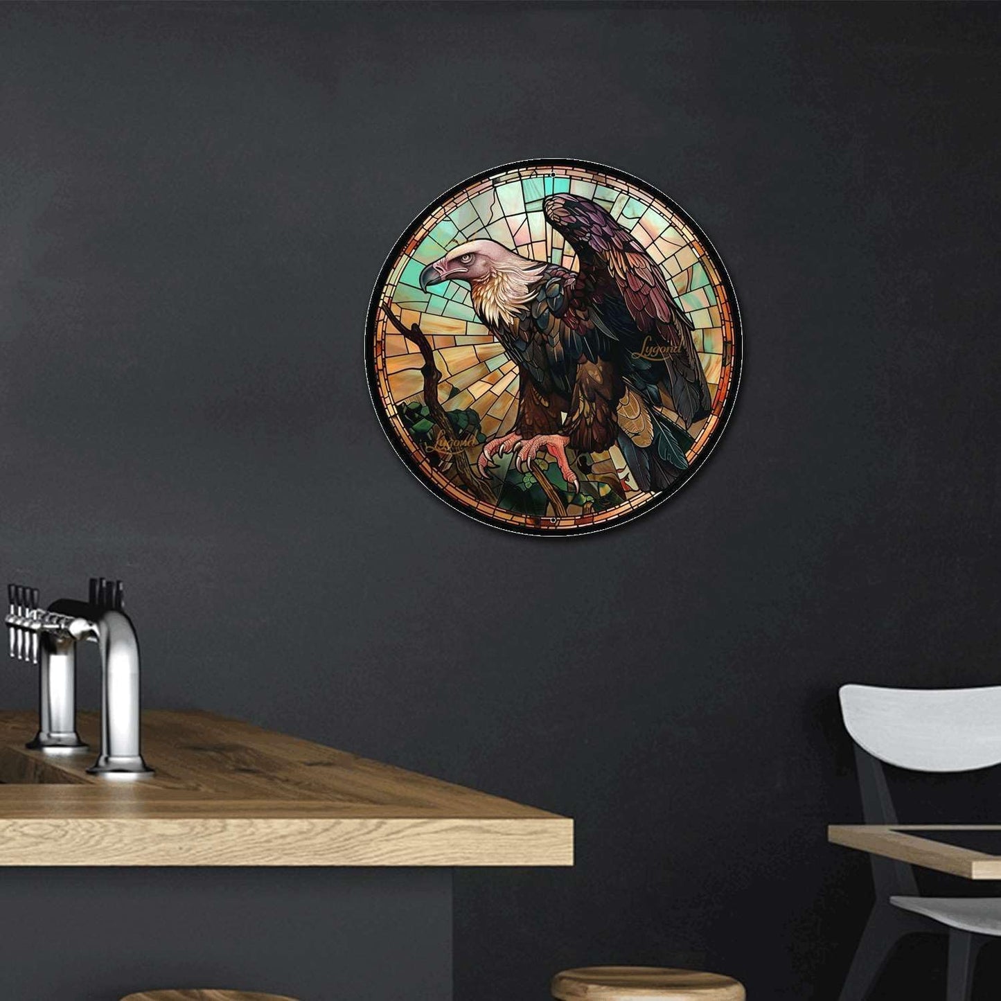 Lygond Metal Sign Tin Sign Circular Stained Glass Vulture Boho Office Decor for Pet 12×12 Inches