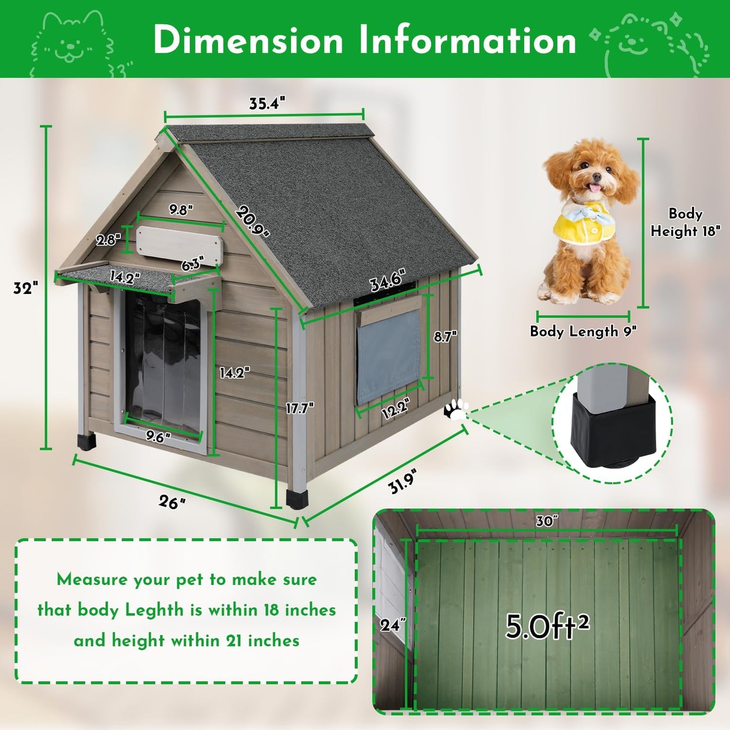 Outdoor Dog House Weatherproof Large Wooden Dog Kennel Indoor for Small Dogs with Chew-Proof Frame, Oxford Fabric Window, Removable Floor Pet Shelter (Grey, 26" D x 31.9" W x 32" H)