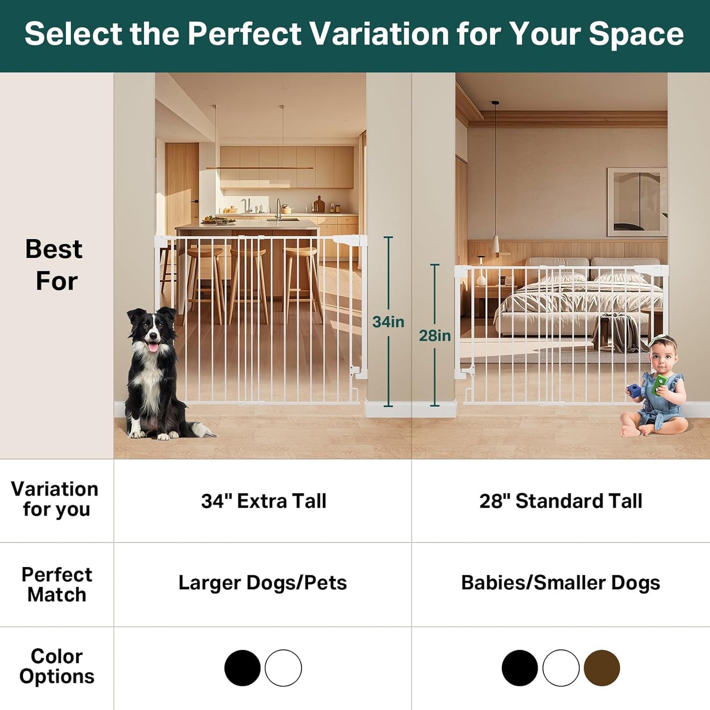 Cumbor 34" Extra Tall No Bottom Bar Baby Gate for Stairs, Auto Close Dog Gate Indoor for Larger Pets, 29.2-43" Hardware Mounted Safety Gate for Doorways, Wide Walk Thru Door for Easy Access (White)