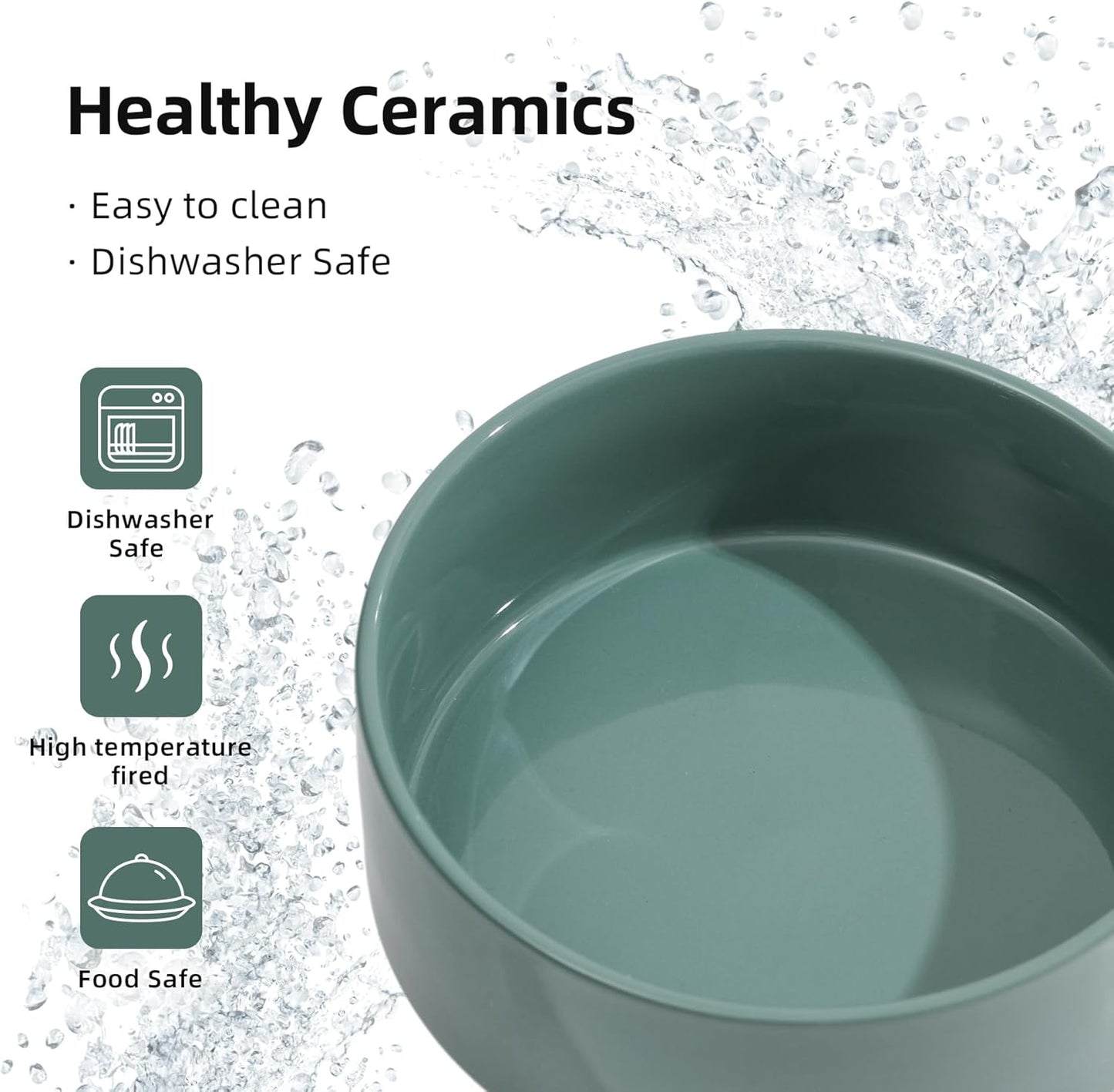 Ceramic 7.3inch Dog Bowl, Food and Water Bowl for Medium Breed Dog, Pet Feeder for Replacement (Single Bowl, Dark Green)