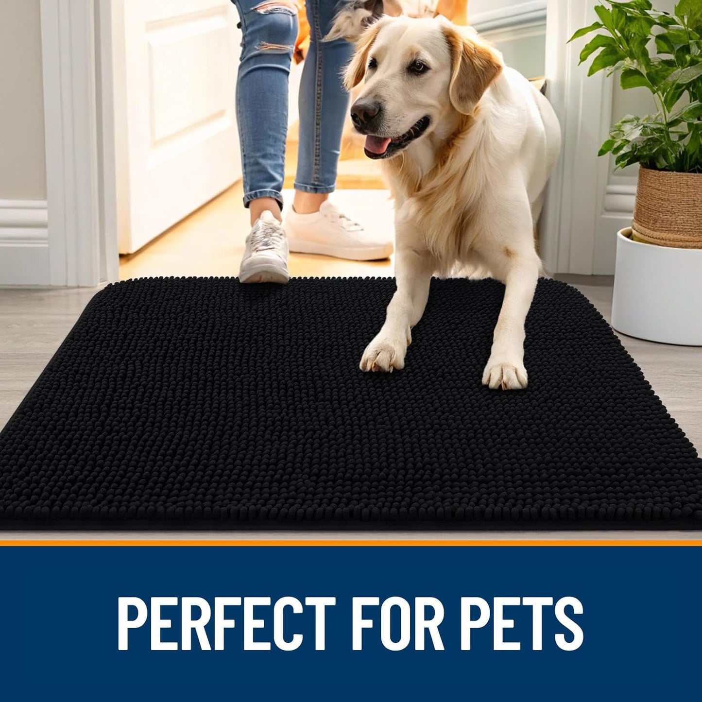 OLANLY Dog Door Mat for Muddy Paws 47x24, Absorbs Moisture and Dirt, Absorbent Non-Slip Washable Doormat, Quick Dry Chenille Mud Mat for Dogs, Entry Indoor Entryway Carpet for Inside Floor, Black