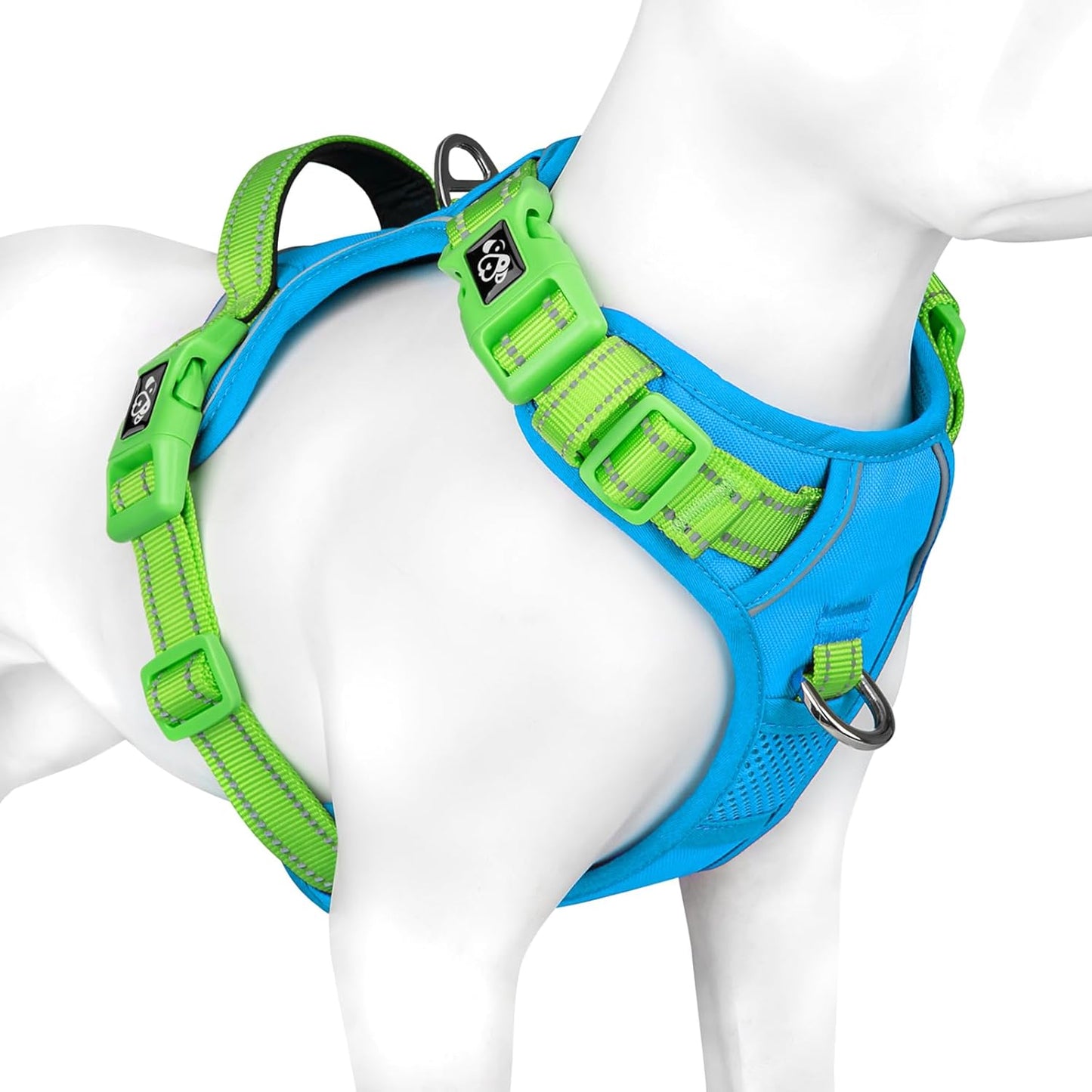 PHOEPET No Pull Dog Harness, Unique Colors Reflective Adjustable Dog Vest, with Soft Training Handle Metal Clips for Small Medium Large Dogs (Blue Base & Green Straps,XL)