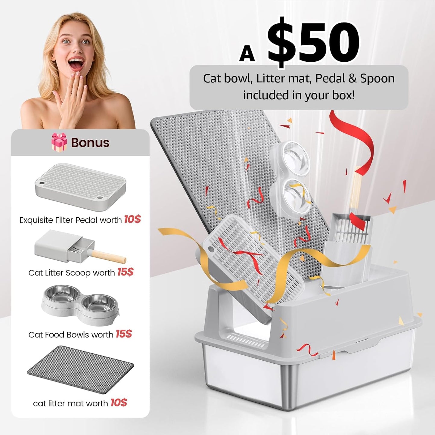 Stainless Steel Cat Litter Box - Enclosed XL Metal Kitty Litter Box with Lid for Big Cats, High Sided, Anti-Leakage, Easy Cleaning, Non-Sticky, Included Litter Mat, Cat Bowl & Spoon