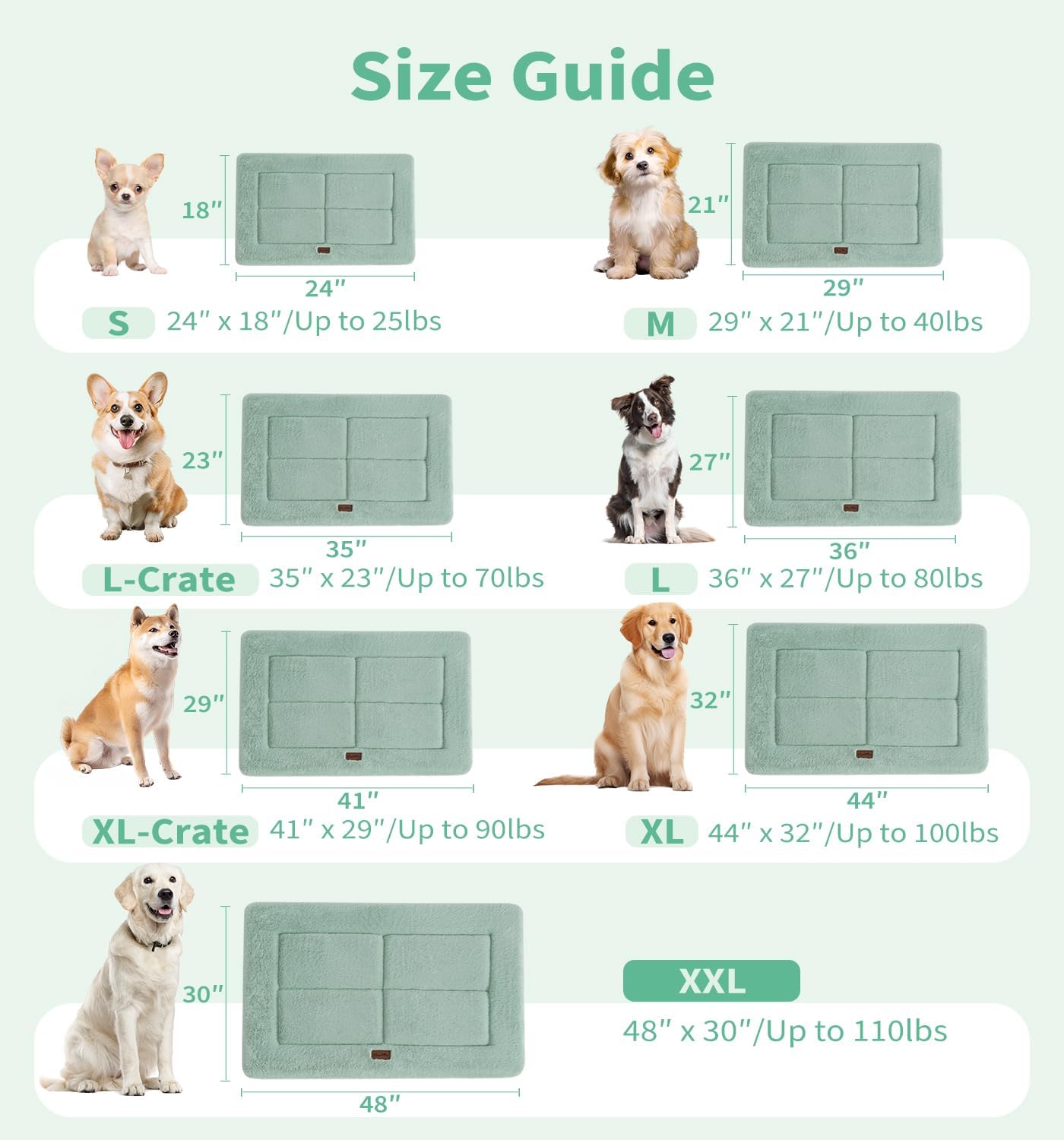 Made4Pets Dog Crate Pad Bed for Large Dogs, Washable & Reversible, Anti-Slip Kennel Mat for Cozy Sleeping, Soft Fluffy Dog Bed for Indoor & Outdoor Use, 41"x29", Green