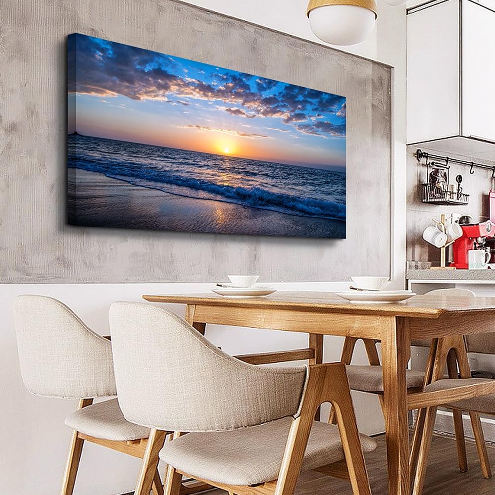 Lapremoly Large Canvas Wall Art For Living Room farmhouse Wall Decor For Office Ocean Wave Wall Paintings Blue Sea Beach Pictures Framed Ready To Hang Bedroom Decor Prints Posters Art 24X48 inch