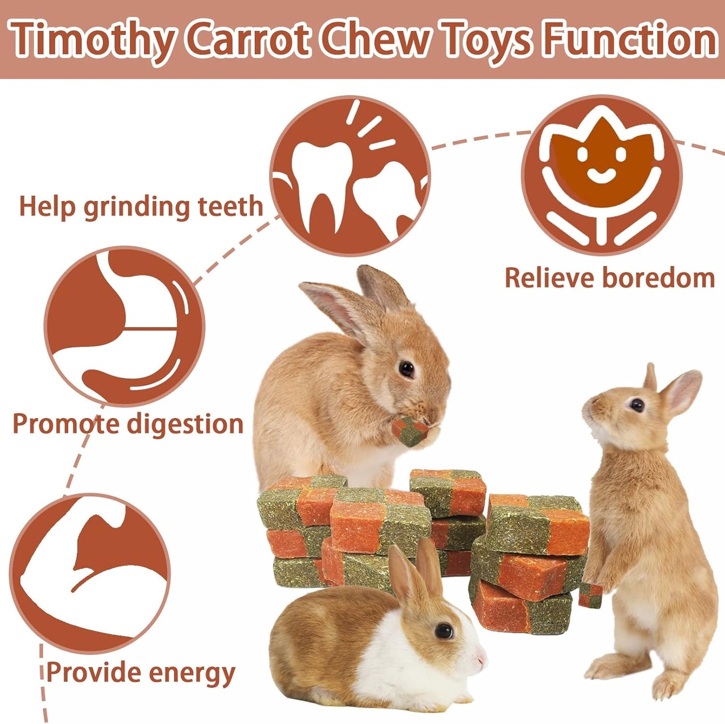 Fhiny 12 PCS Rabbit Carrots Chew Toys, Natural Timothy Hay Biscuit Cubes Rabbit Carrot Molar Treats Small Pet Snacks for Bunny Hamster Chinchilla Guinea Pig or Other Small Animals