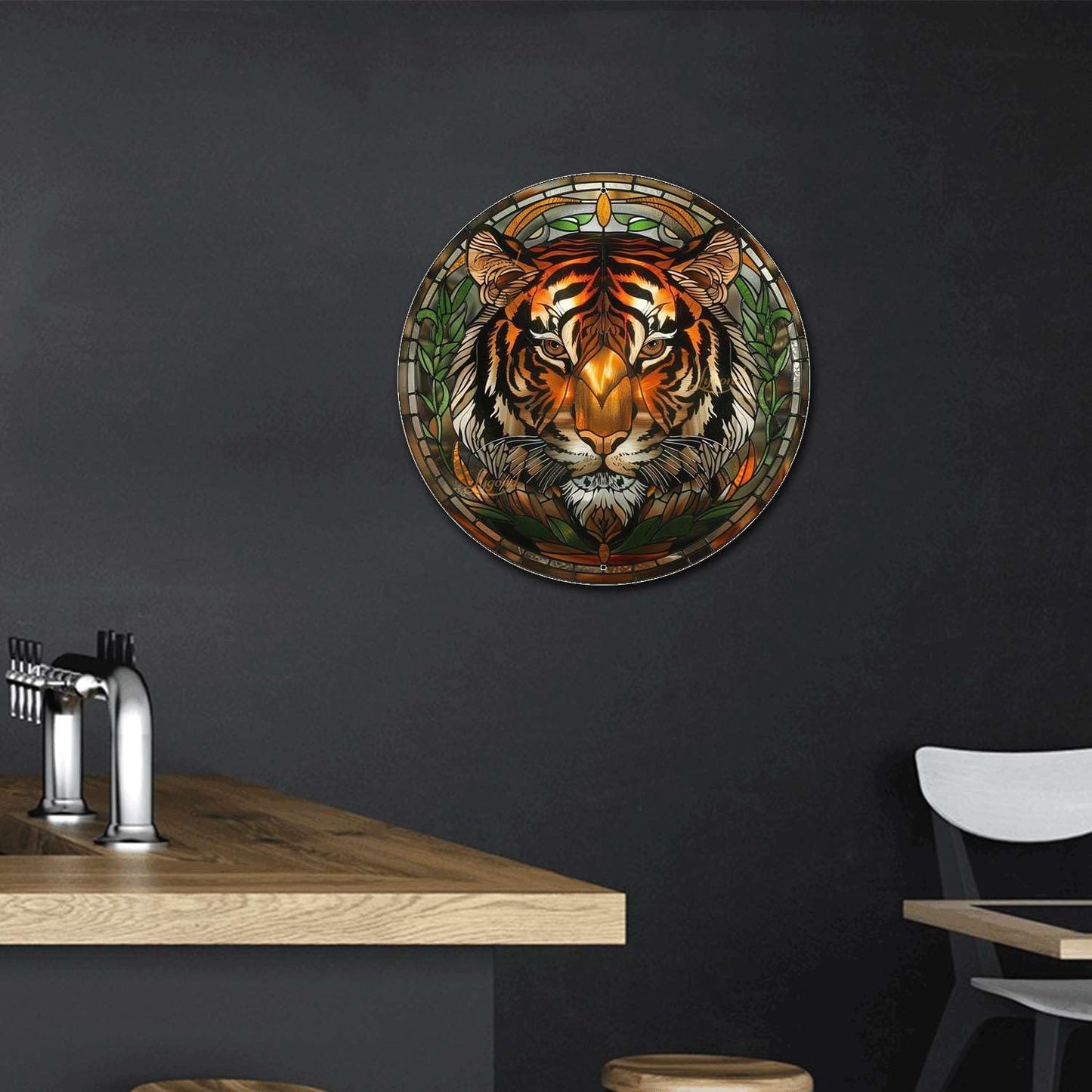 Lygond Metal Sign Tin Sign Circular Stained Glass Tigle Minimalist Wall Art for Home Decor 8×8 Inches