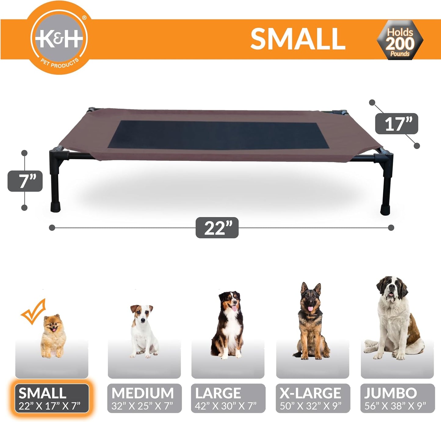 K&H Pet Products Outdoor Elevated Dog Cot, Breathable Cooling Elevated Cot Hammock Pet Bed for Small Dogs, Washable Mesh Cover, Raised Metal Frame, Collapsible, Portable - Small 22 X 17in Chocolate
