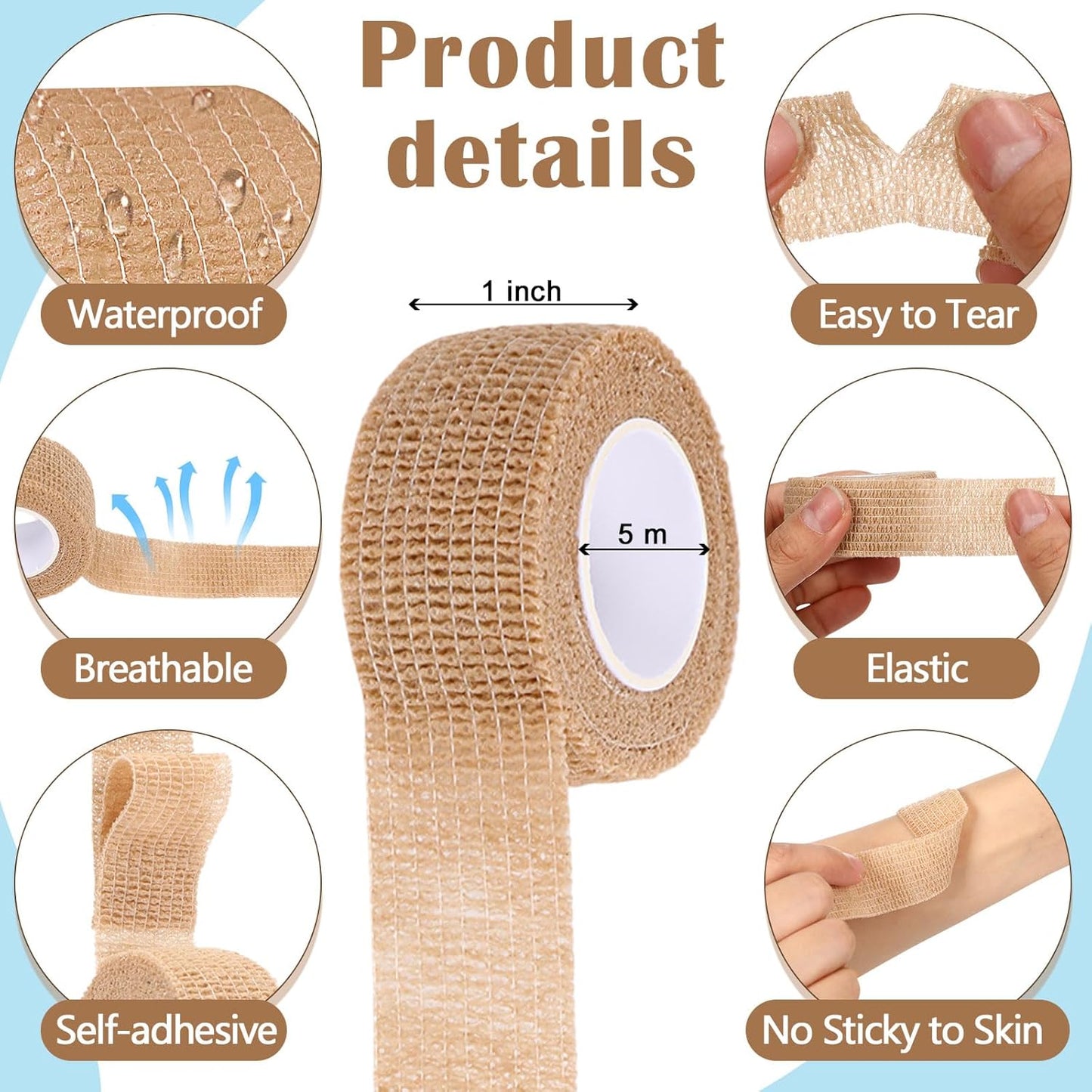 Treela 36 Pcs Self Adherent Bandage 1" X 5 Yard Wrap Breathable Cohesive Bandage Elastic Adhesive Tape for Stretch Athletic Sports Wrist Ankle(Nude)