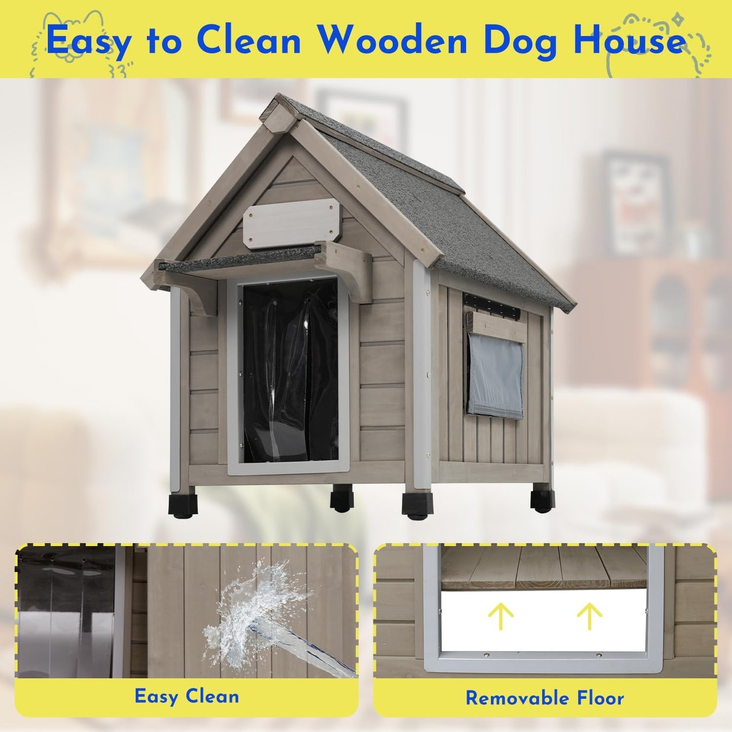 Outdoor Dog House Weatherproof Large Wooden Dog Kennel Indoor for Small Dogs with Chew-Proof Frame, Oxford Fabric Window, Removable Floor Pet Shelter (Grey, 18.1" D x 25.2" W x 24" H)