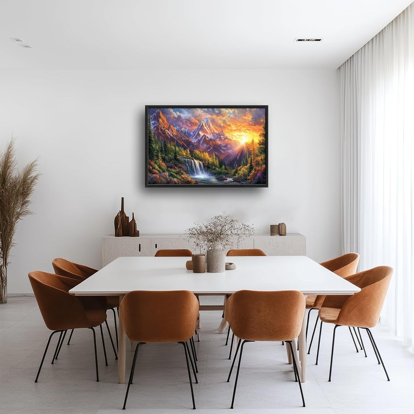 Large Mountain Tree Wall Art for Living Room, Framed Oversized Sunset Waterfall Wall Decor Nature Landscape Canvas Painting Modern Artwork for Living Room Bathroom Bedroom Office Dining Room 36"x24"