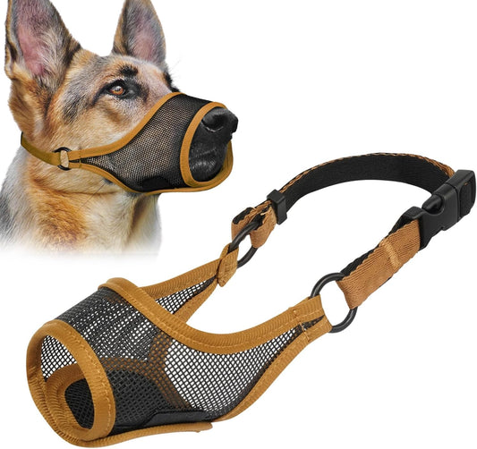 LUCKYPAW Dog Muzzle, Mesh Muzzle for Large Medium Small Dogs, Soft Mouth Guard for Biting Chewing, Breathable Mouth Guard with Adjustable Strap for Training(Brown, L(Snout:9.75"-11"))