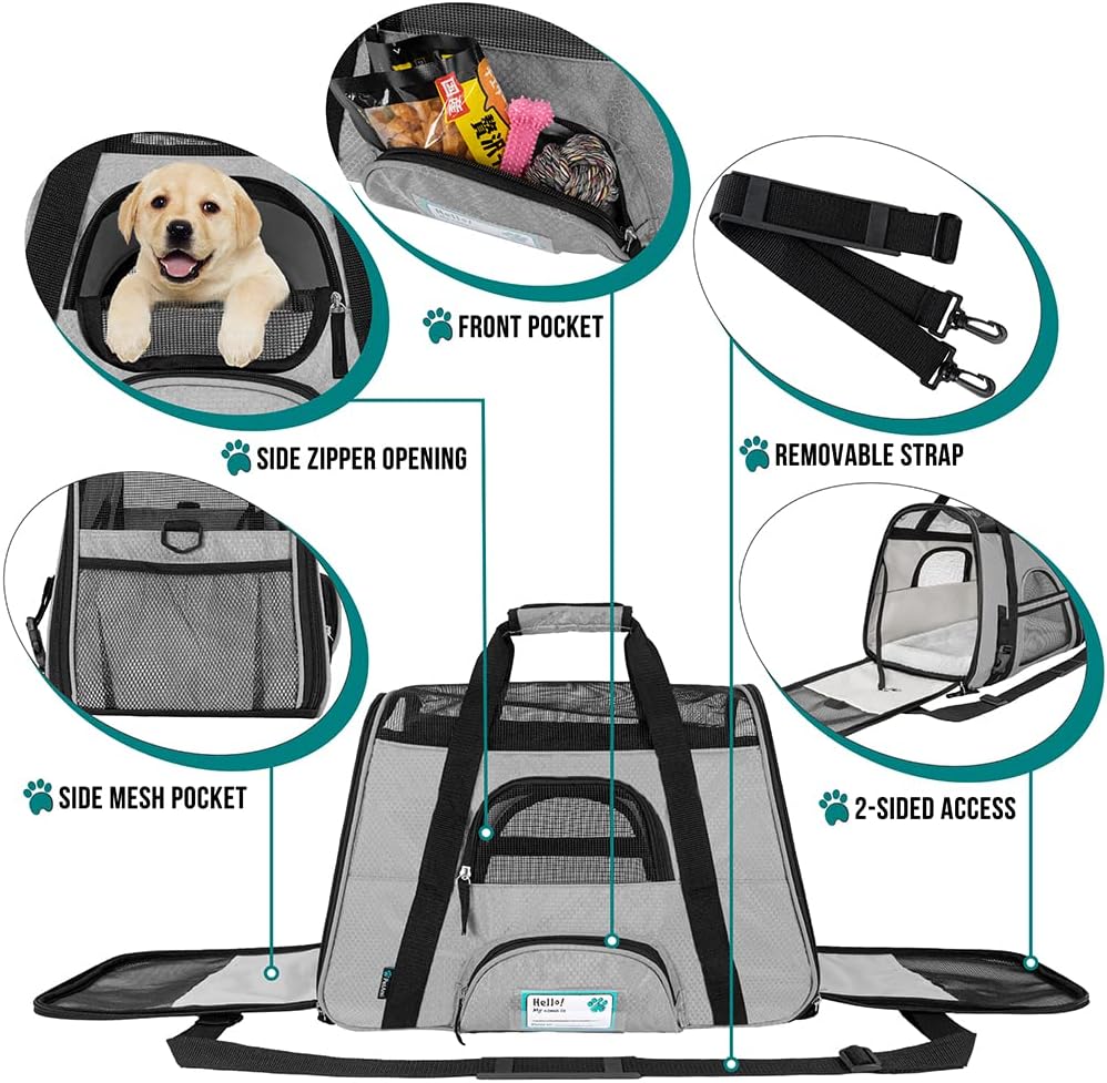 PetAmi Airline Approved Pet Carrier for Cat, Soft Sided Dog Carrier for Small Dogs, Cat Travel Supplies Accessories for Indoor Cats, Ventilated Pet Carrying Bag Medium Large Kitten Puppy, Small Gray